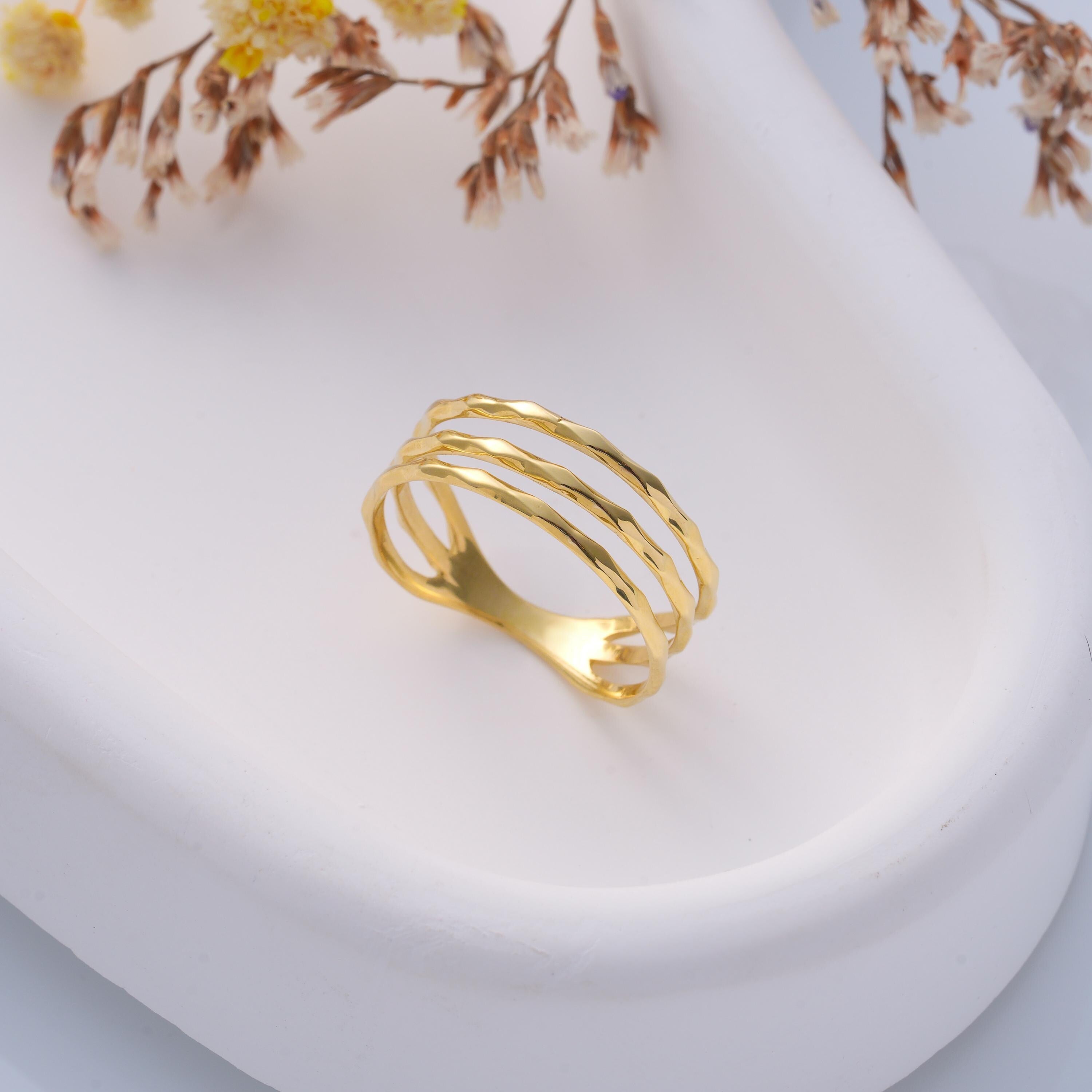 Solid Gold Triple Band Hammered Ring