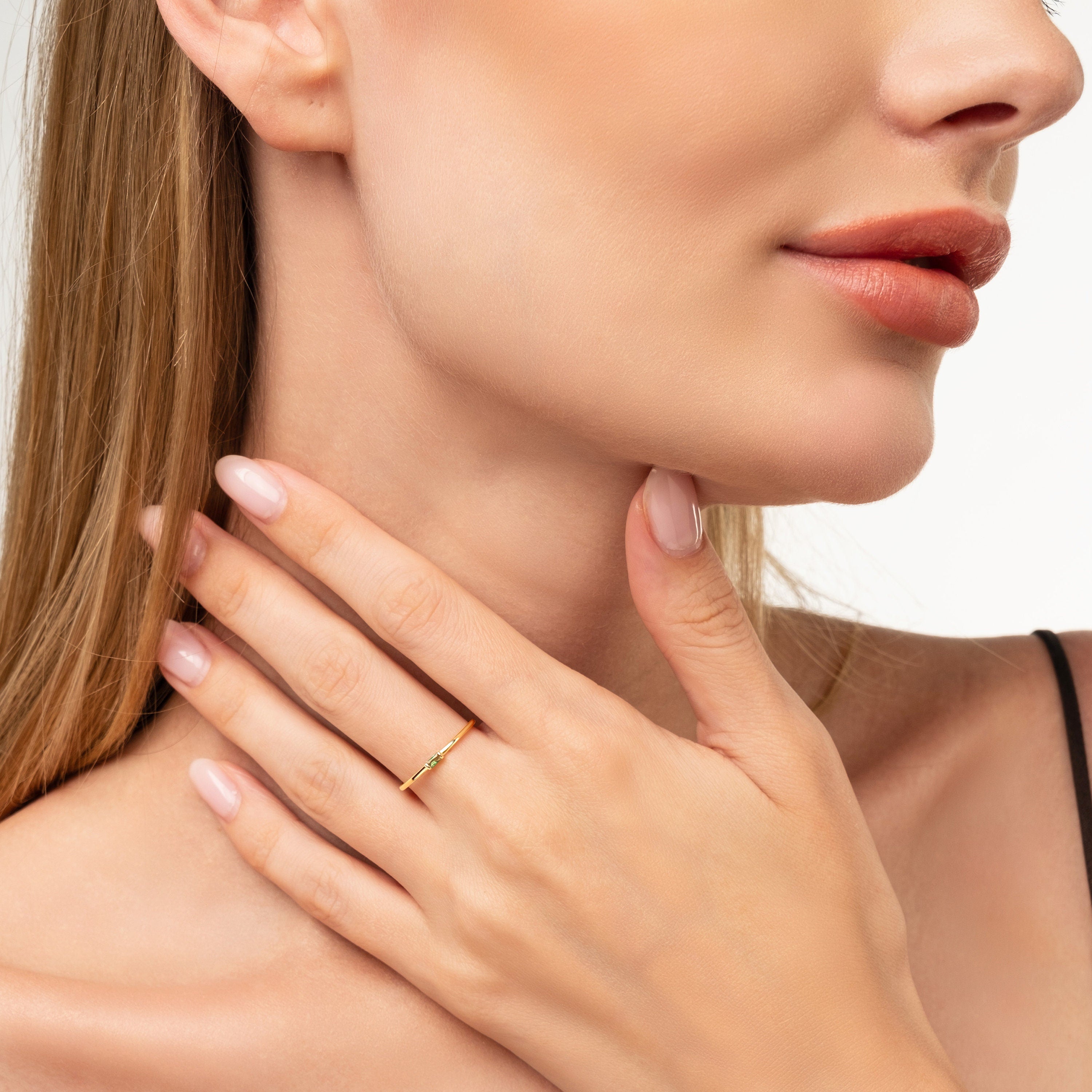 Baguette Birthstone Solid Gold Ring