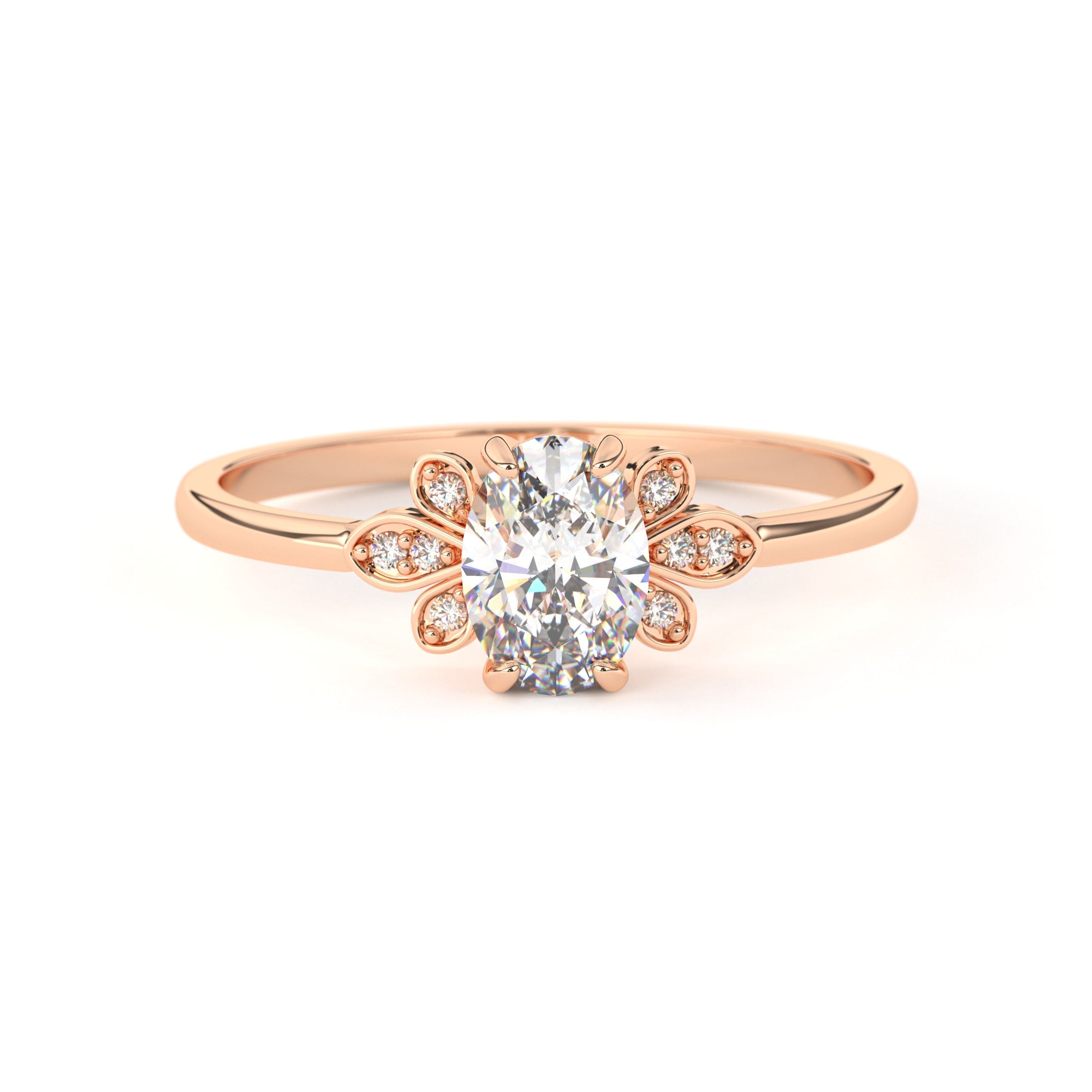 Solid Gold Floral Ring Oval Cut Diamond Cluster