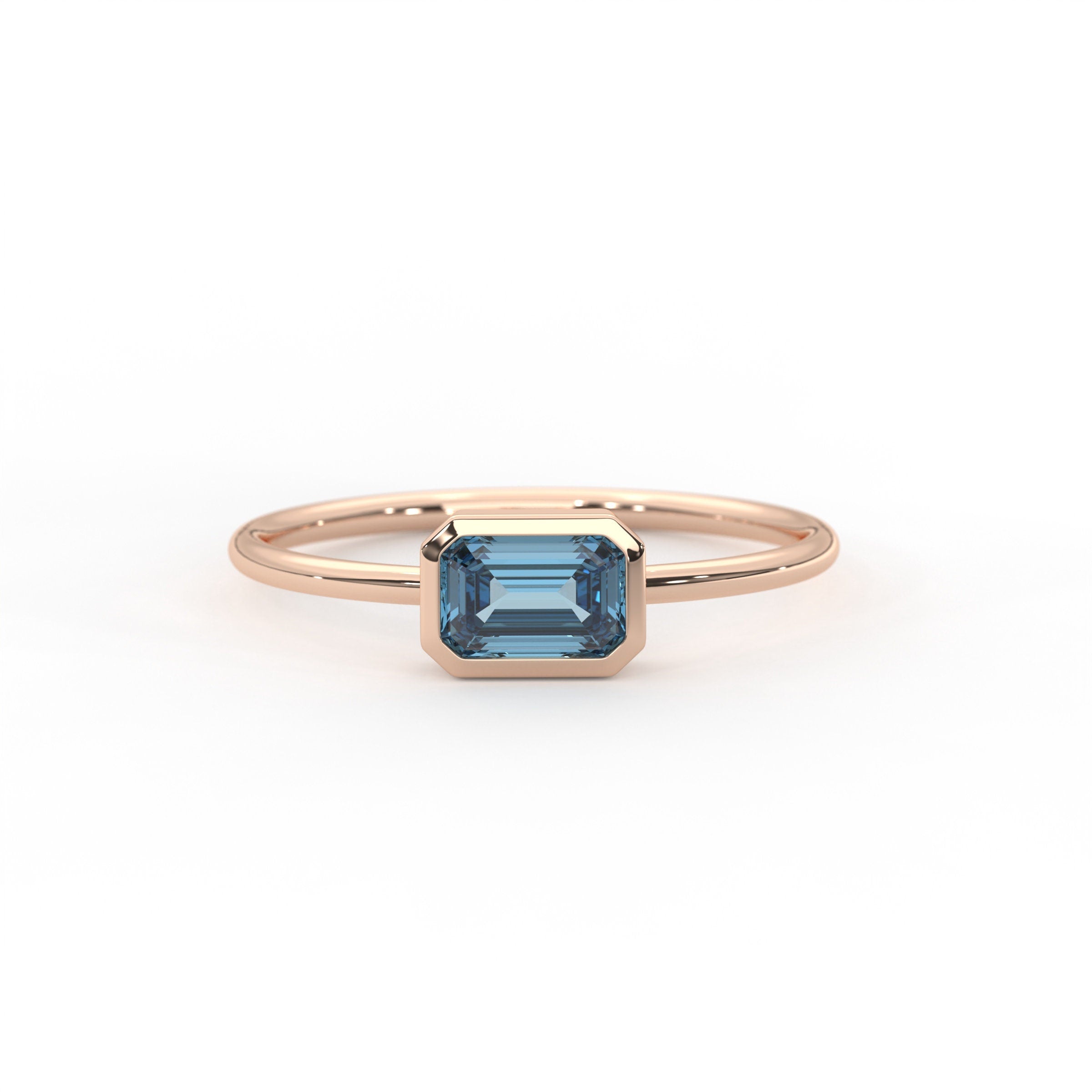 Blue Topaz Ring Bezel Set Emerald Cut Solid Gold
