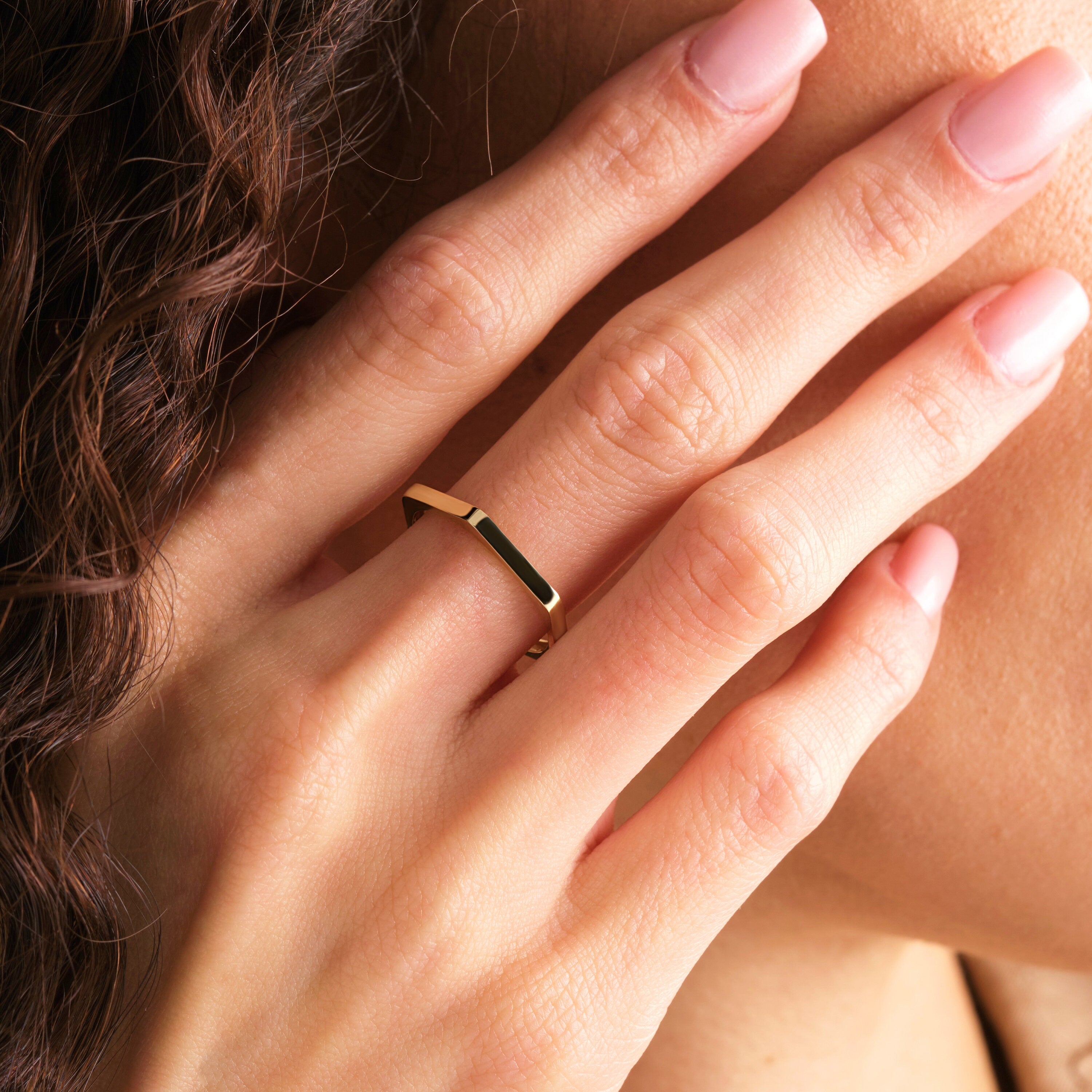 14K Gold Hexagon Ring Durable Geometric Band