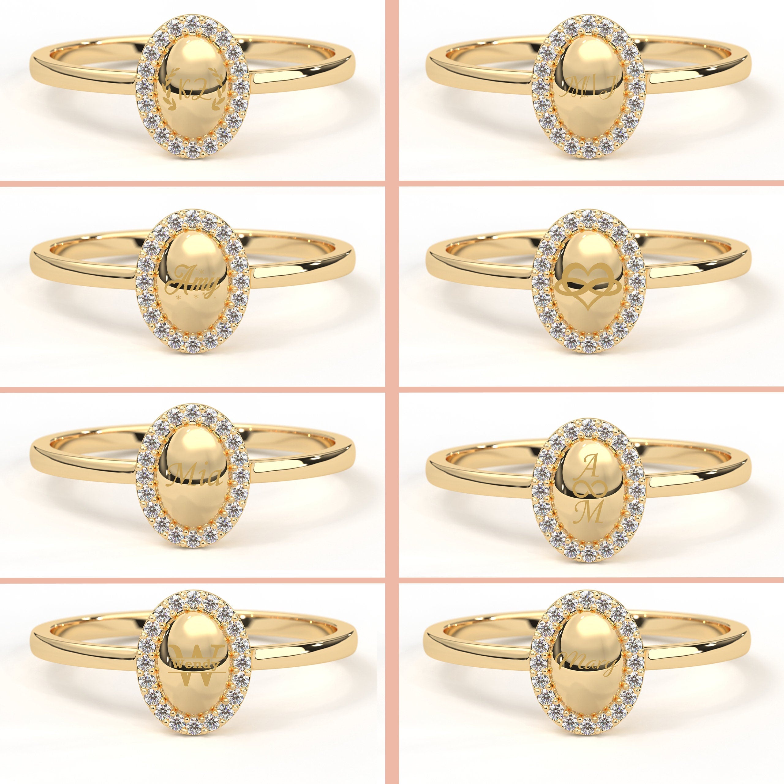 Oval Pave Diamond Gold Initial Signet Ring