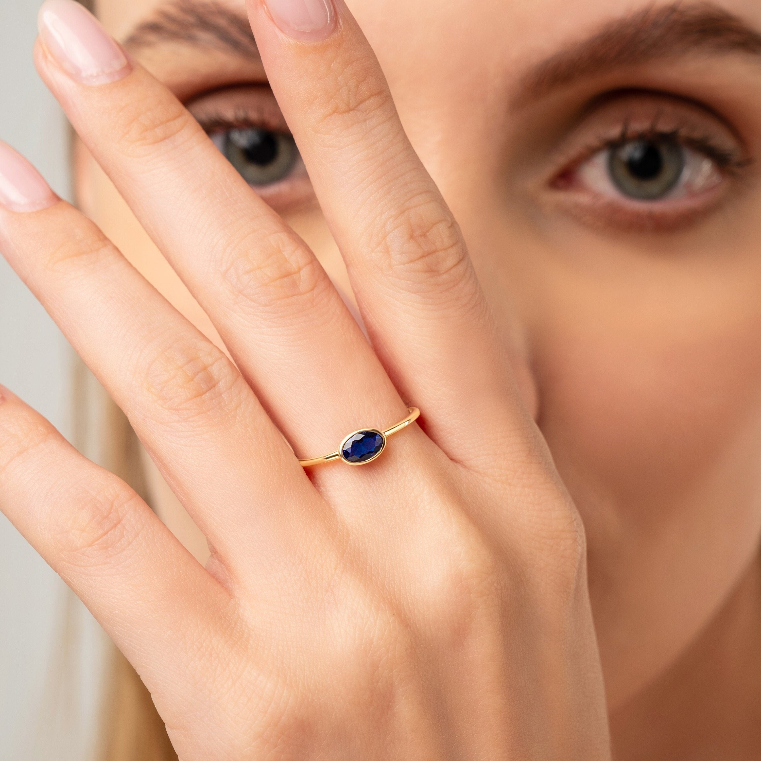 Oval Bezel Set Sapphire Solid Gold Ring