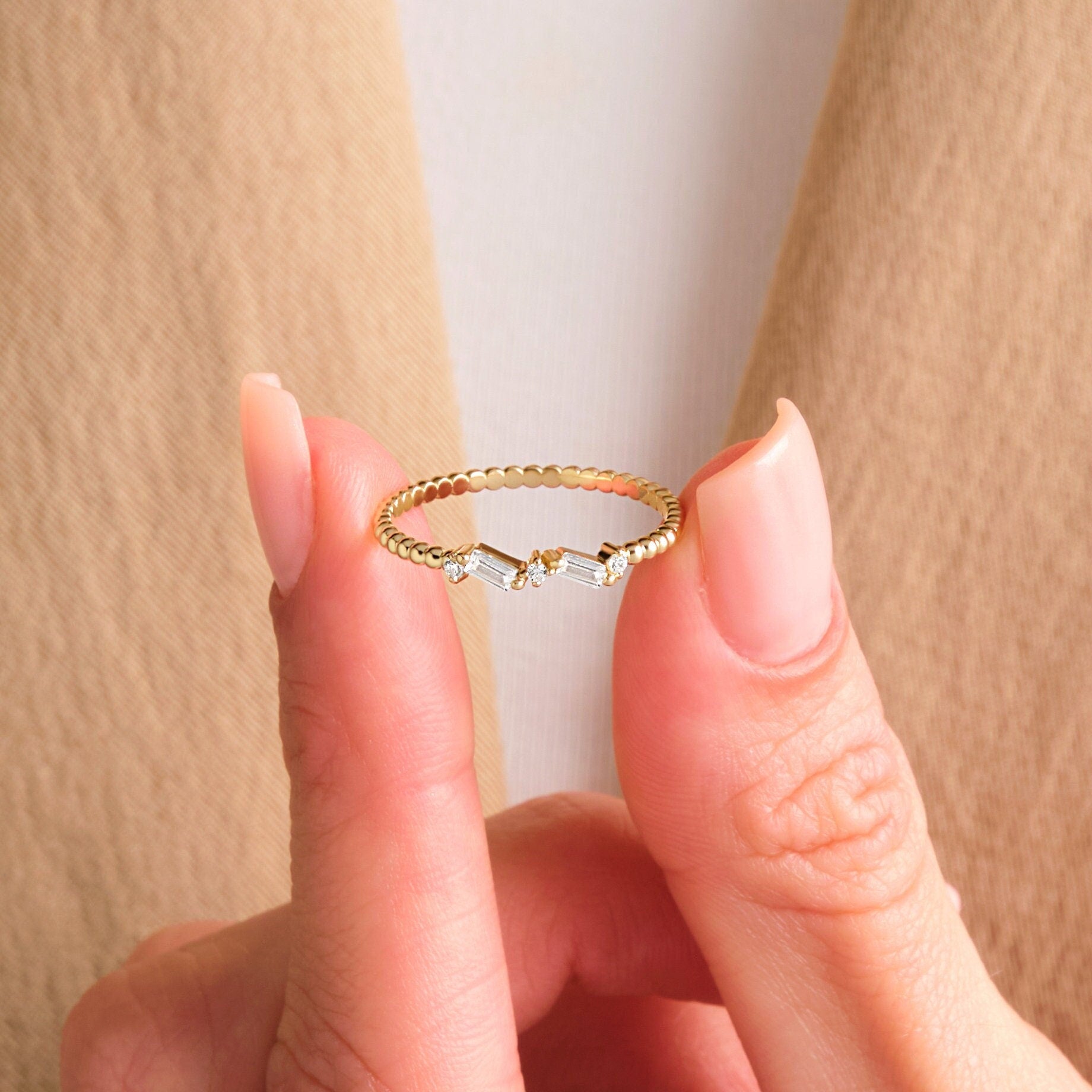 Beaded Band Diamond Cluster Gold Baguette Ring