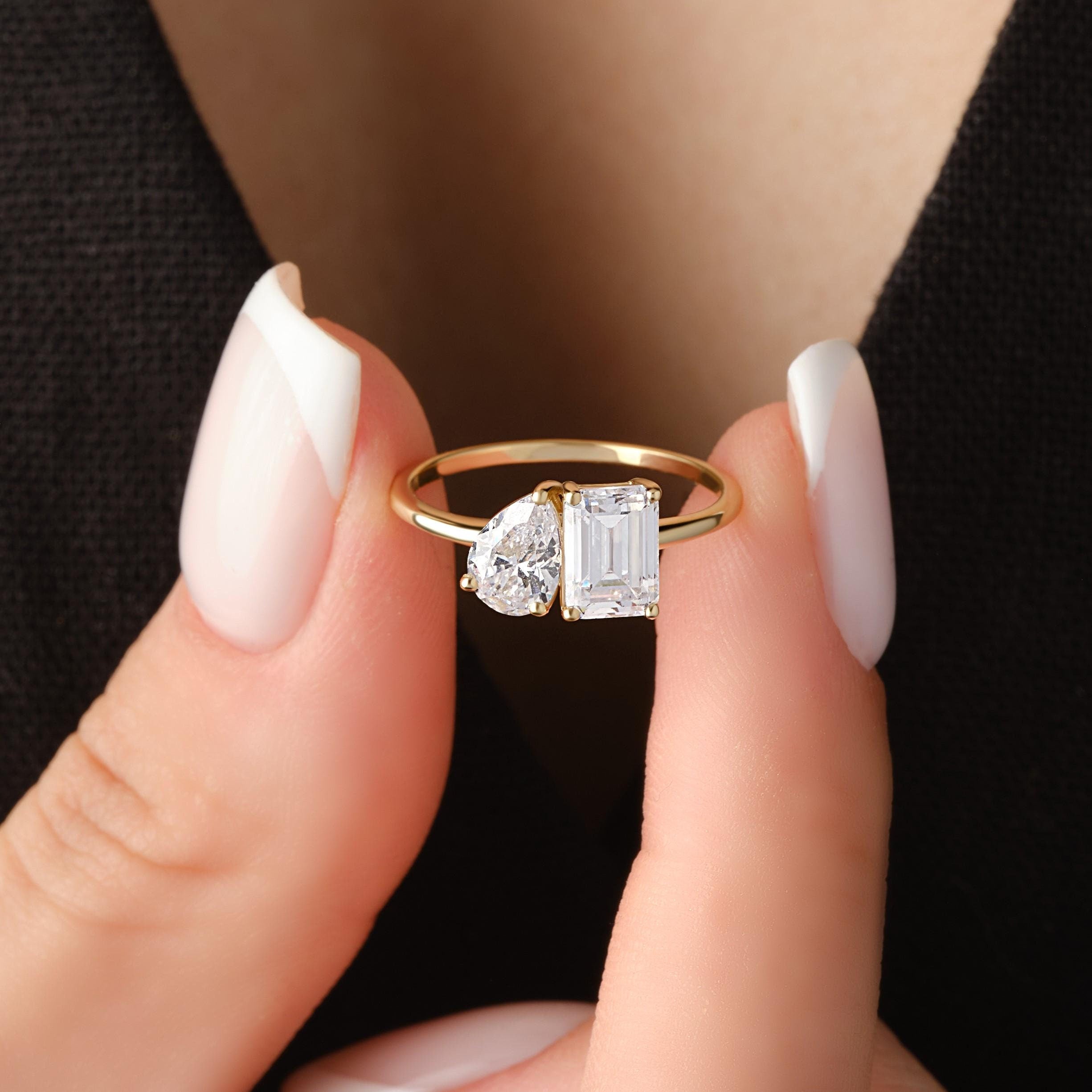 Toi Et Moi Ring Two Stone Solid Gold Pear Cut Diamond