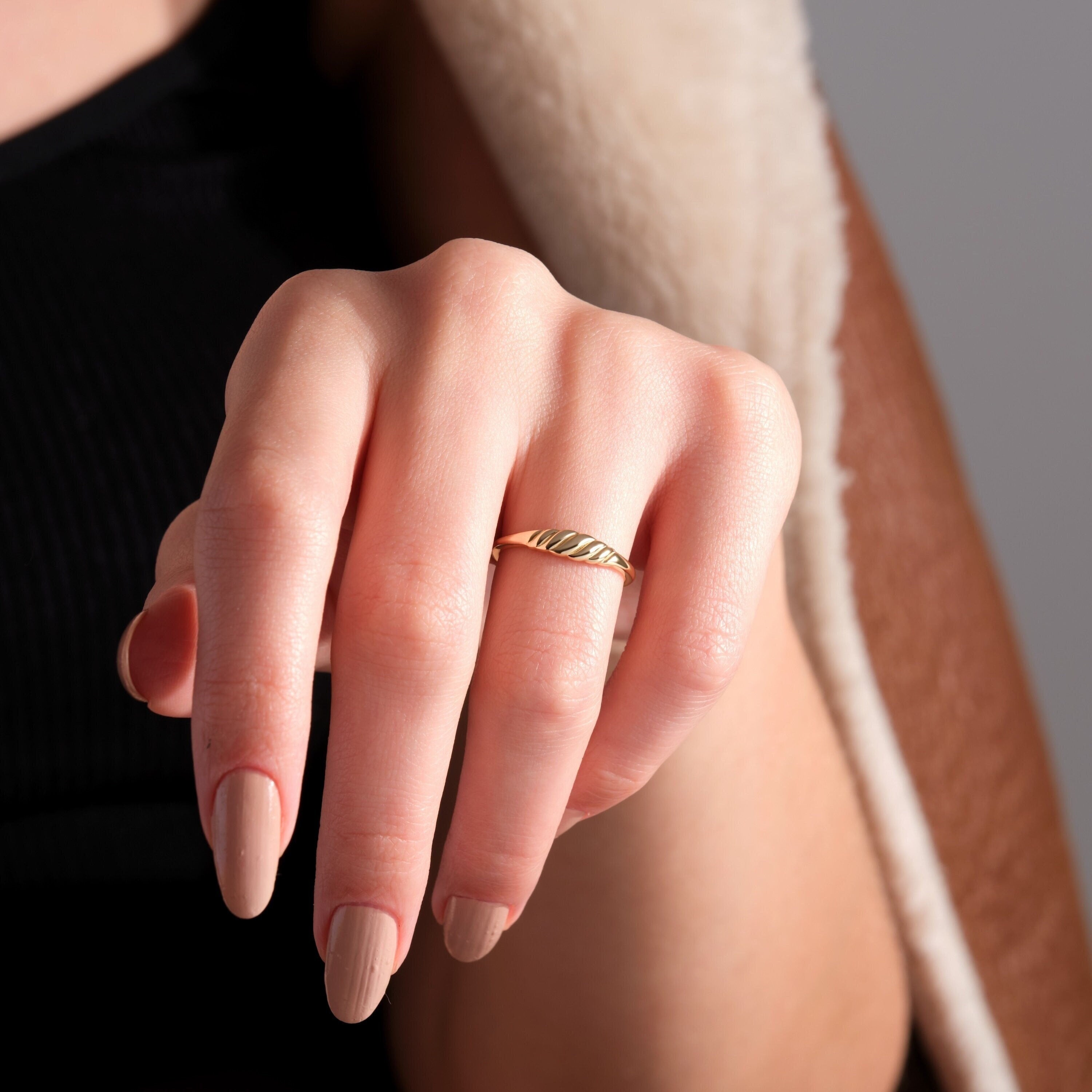 Gold Croissant Ring Twisted Stacking Band