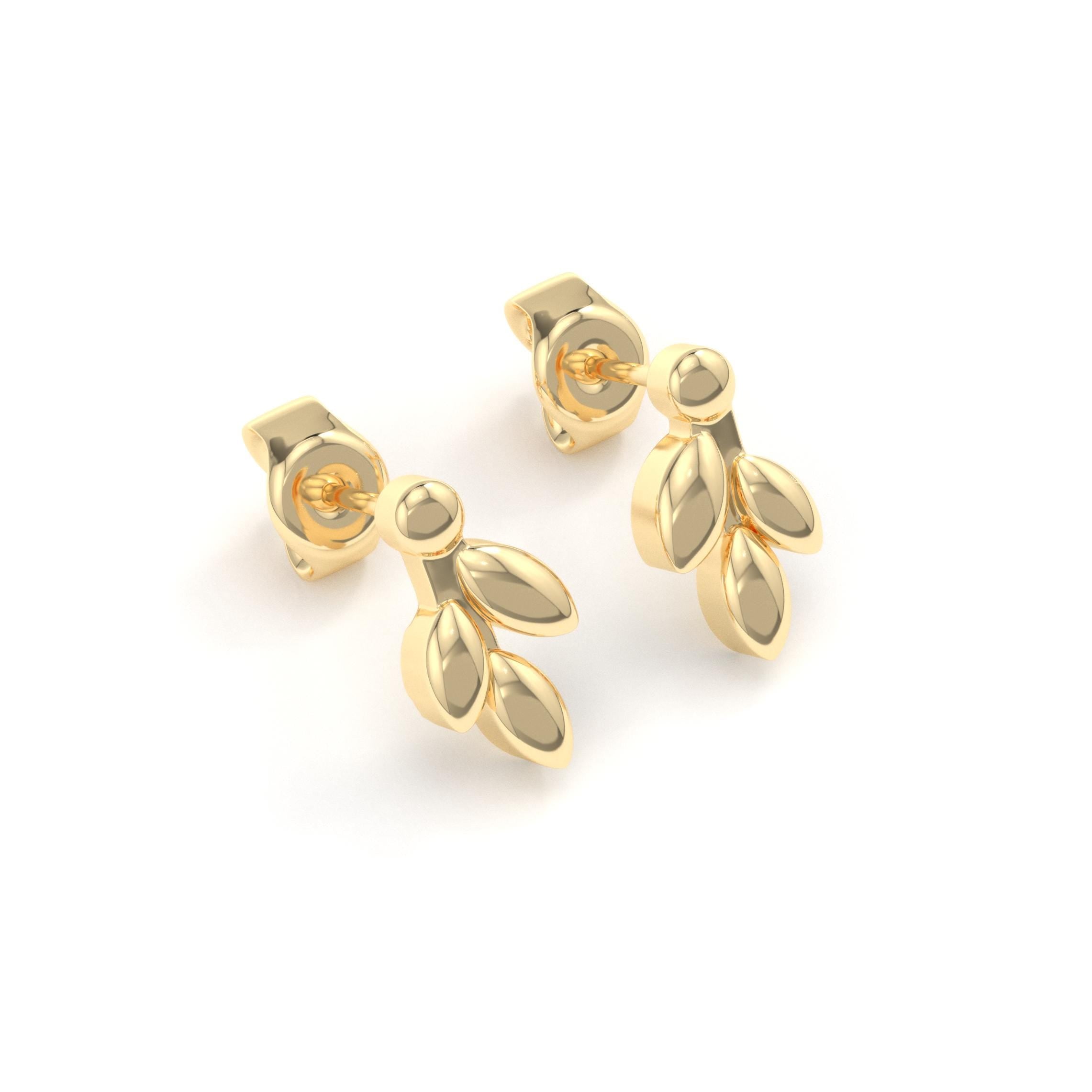 Solid Gold Olive Branch Design Stud Earrings