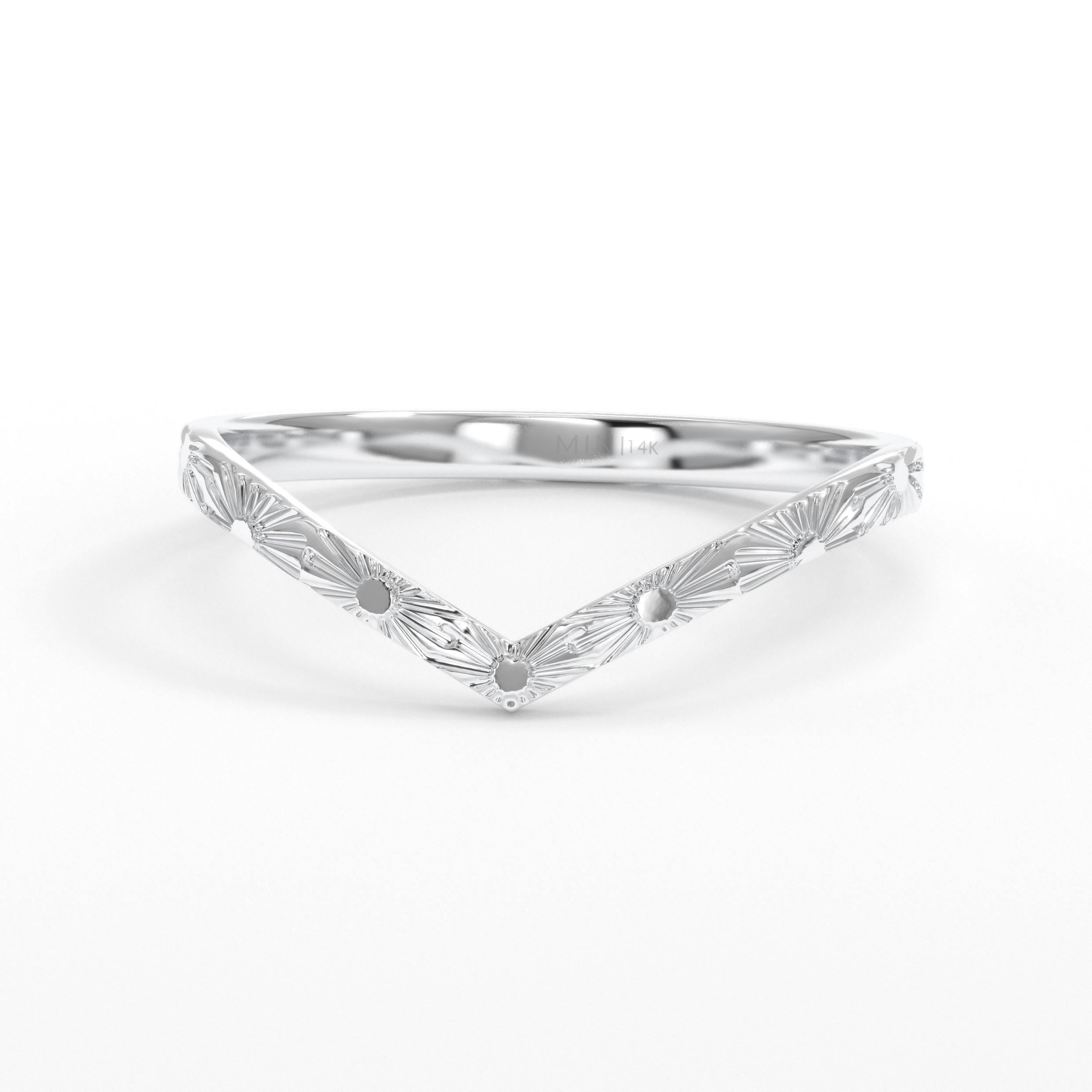 Solid Gold Chevron Ring Dainty Sunburst Pattern