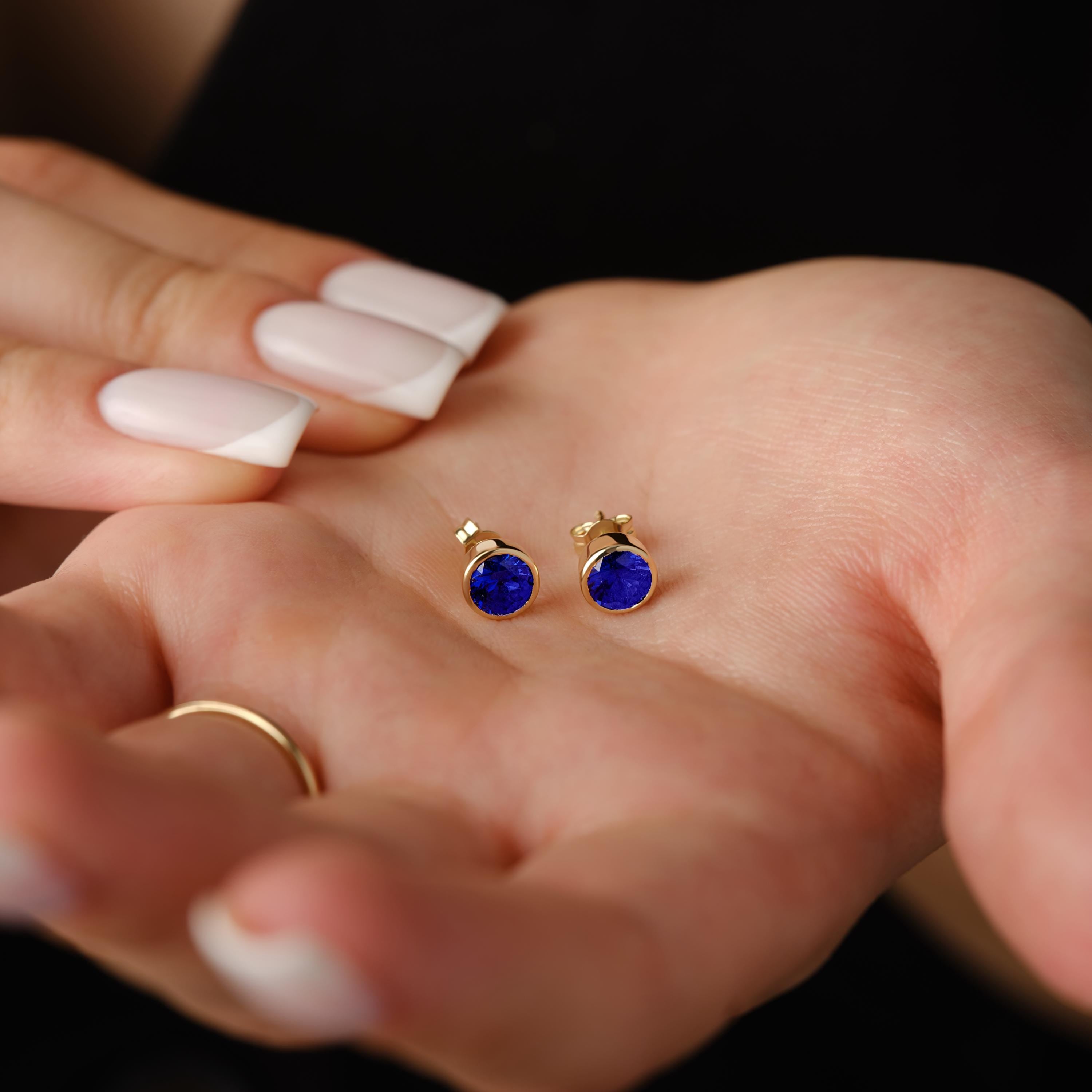 Dainty Blue Sapphire Solid Gold Stud Earrings