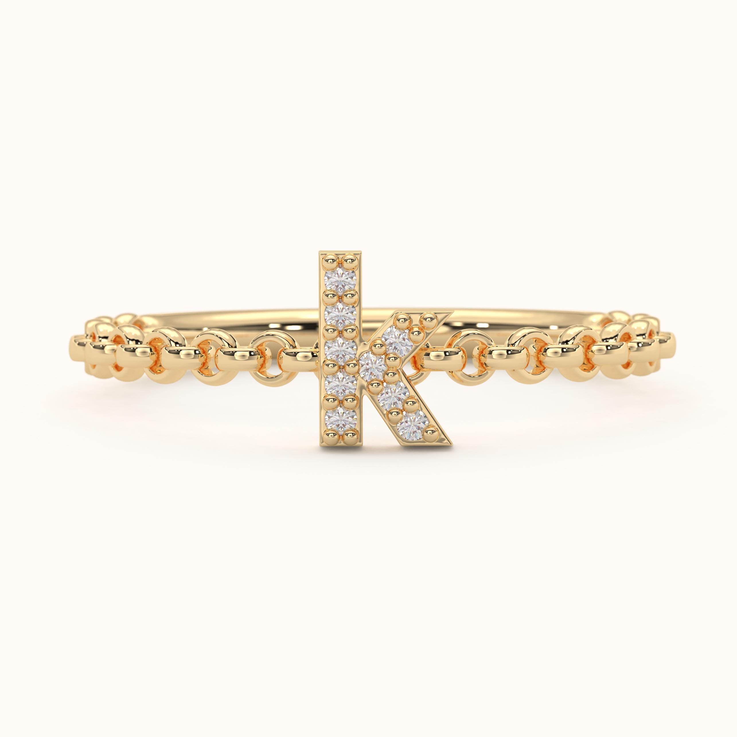 Gold Initial Ring Dainty Diamond Chain Band