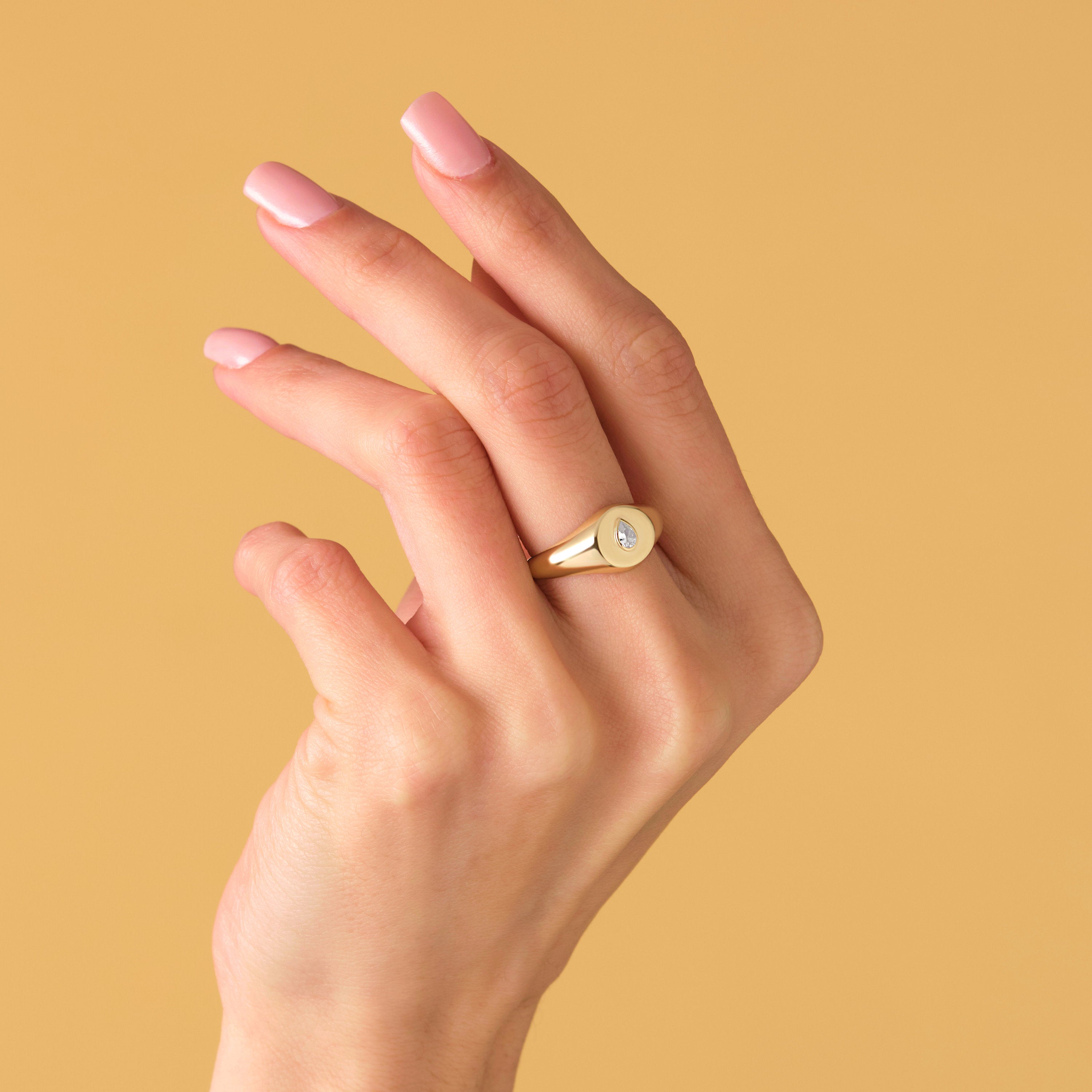 Pear Diamond Ring Solid Gold Signet Handmade