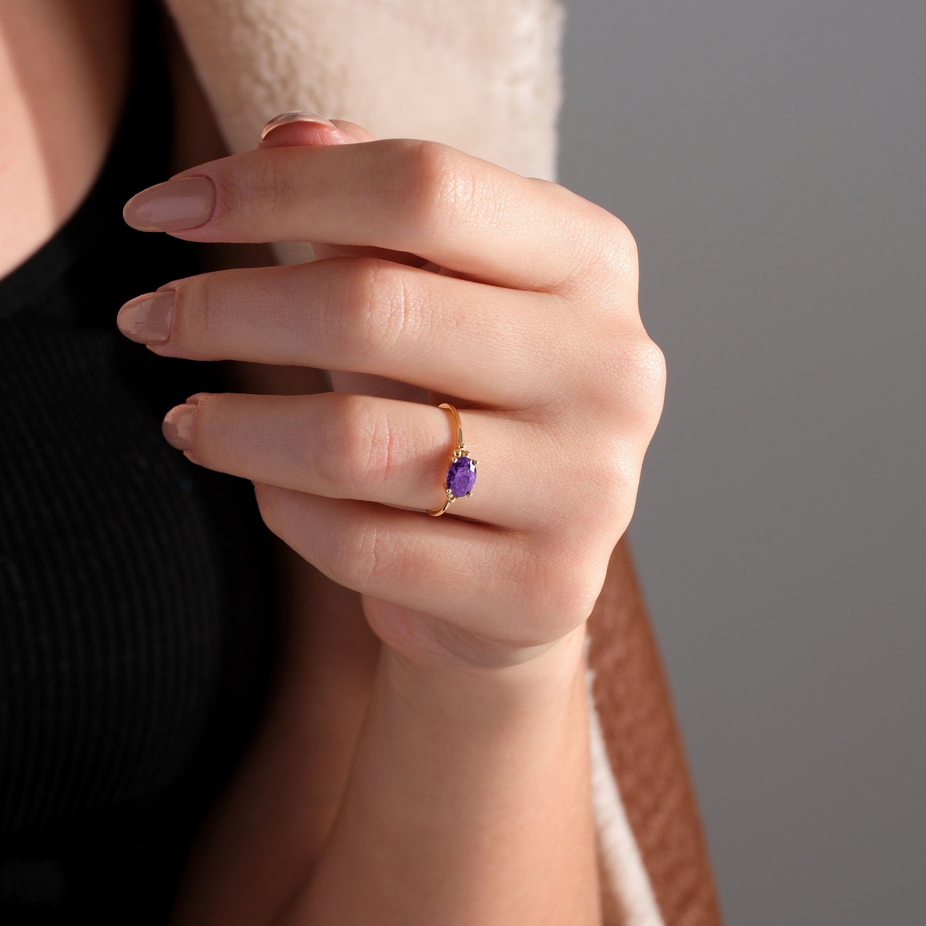 Birthstone Gold Ring Custom Birthday Oval Gemstone