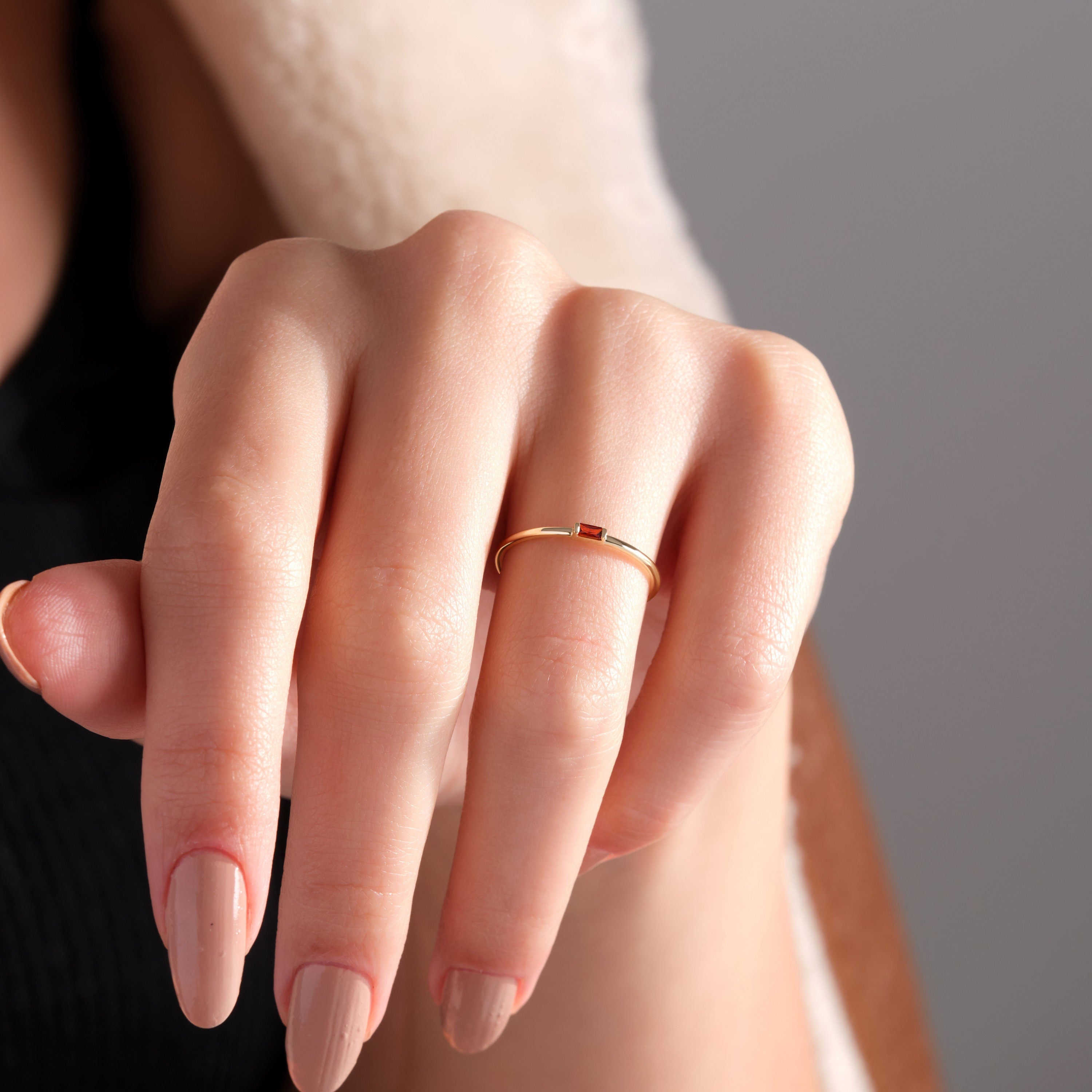 Solid Gold Dainty Stackable Baguette Birthstone Ring