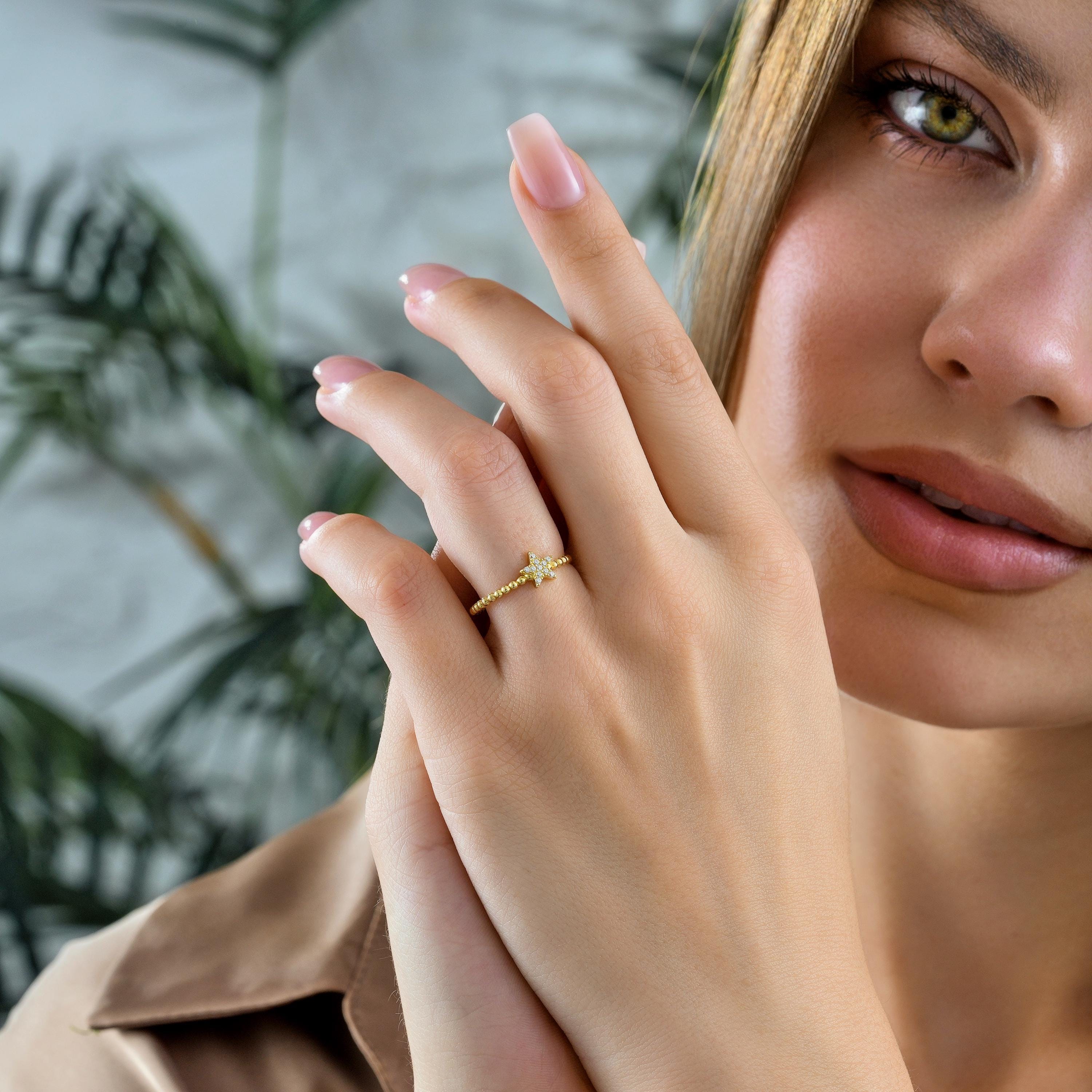 Minimal Star Ring Dainty Celestial Band With Sparkling CZ Diamonds