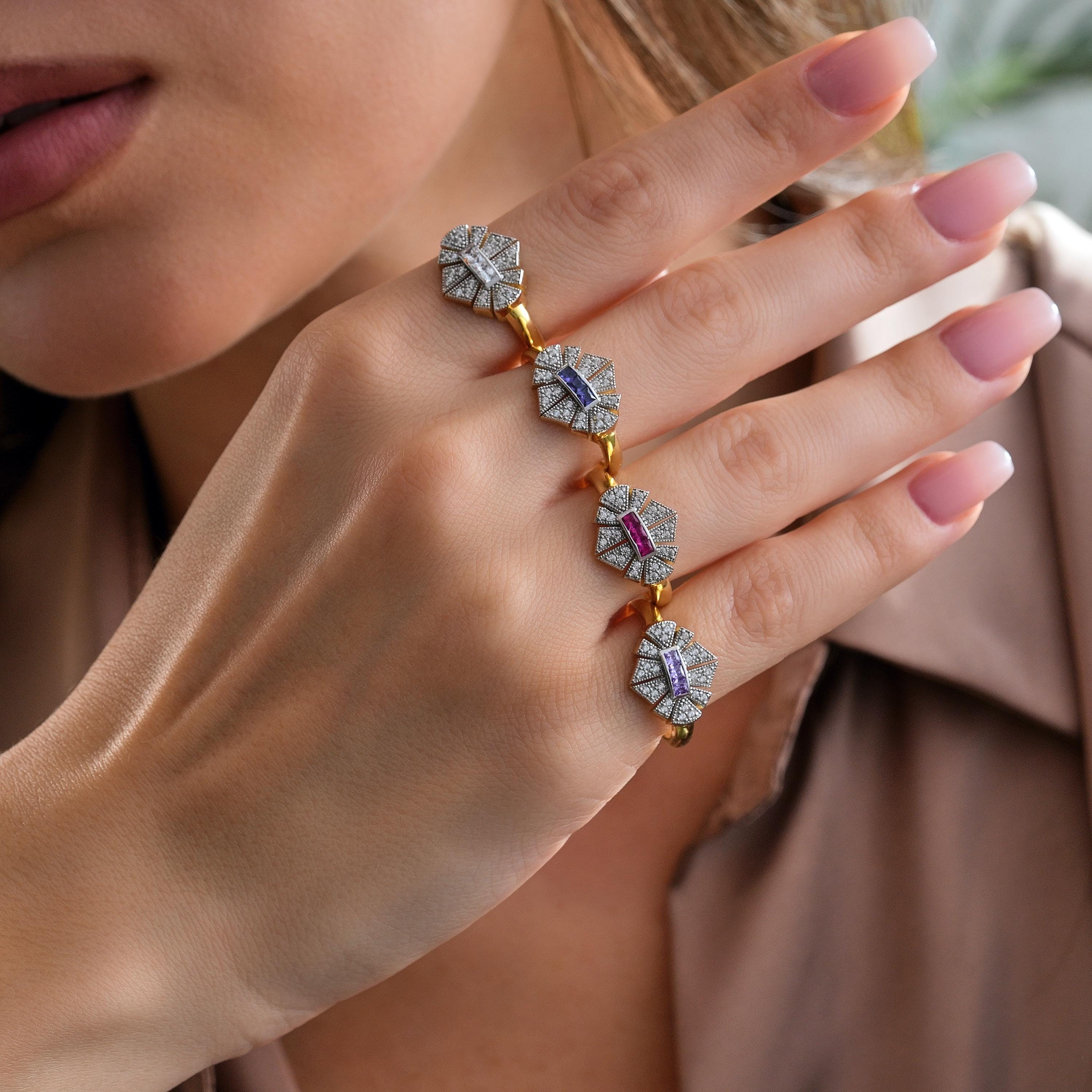 solid gold princess cut colored gemstone and diamond statement rings