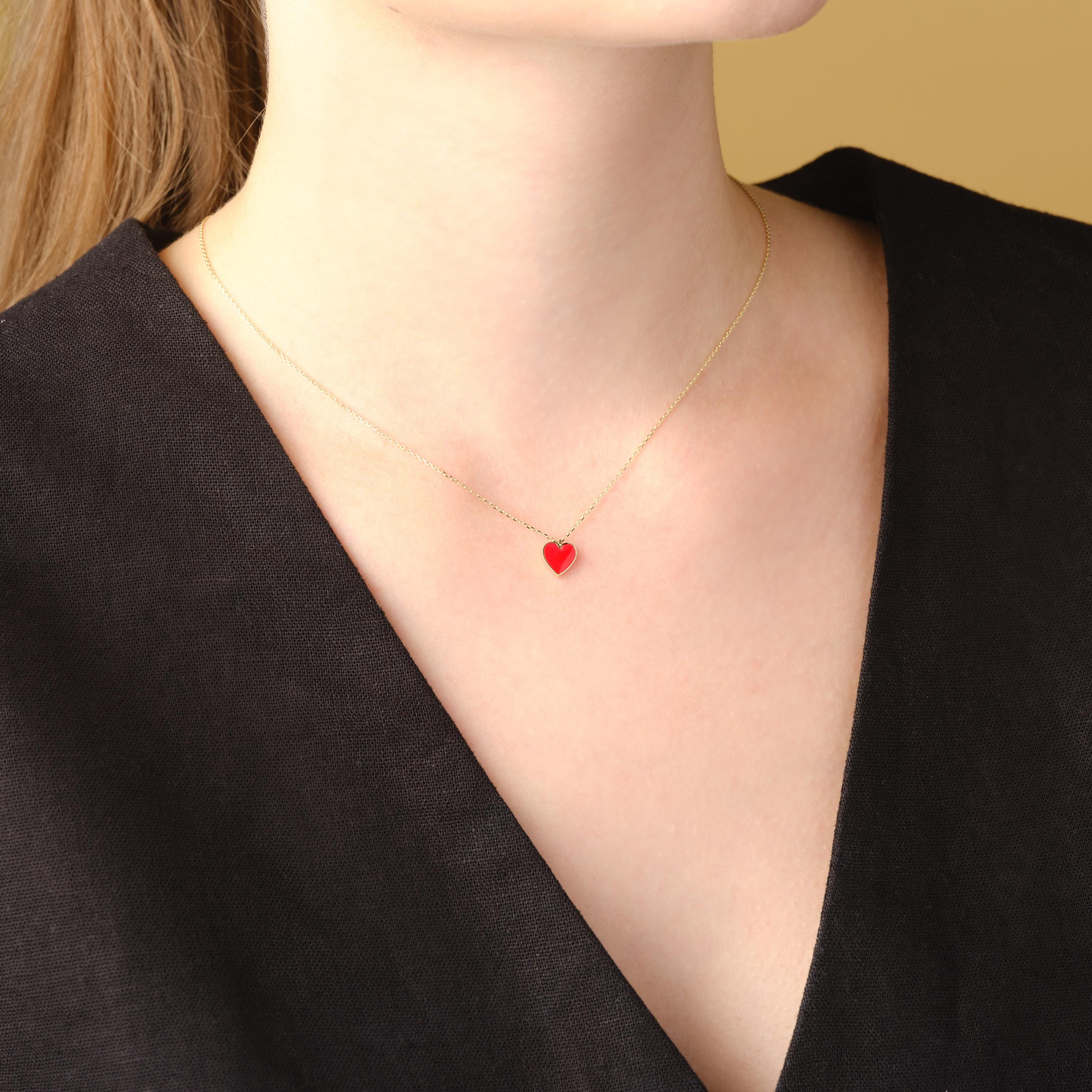 Gold Heart Pendant Red Enamel Necklace Valentines Gift