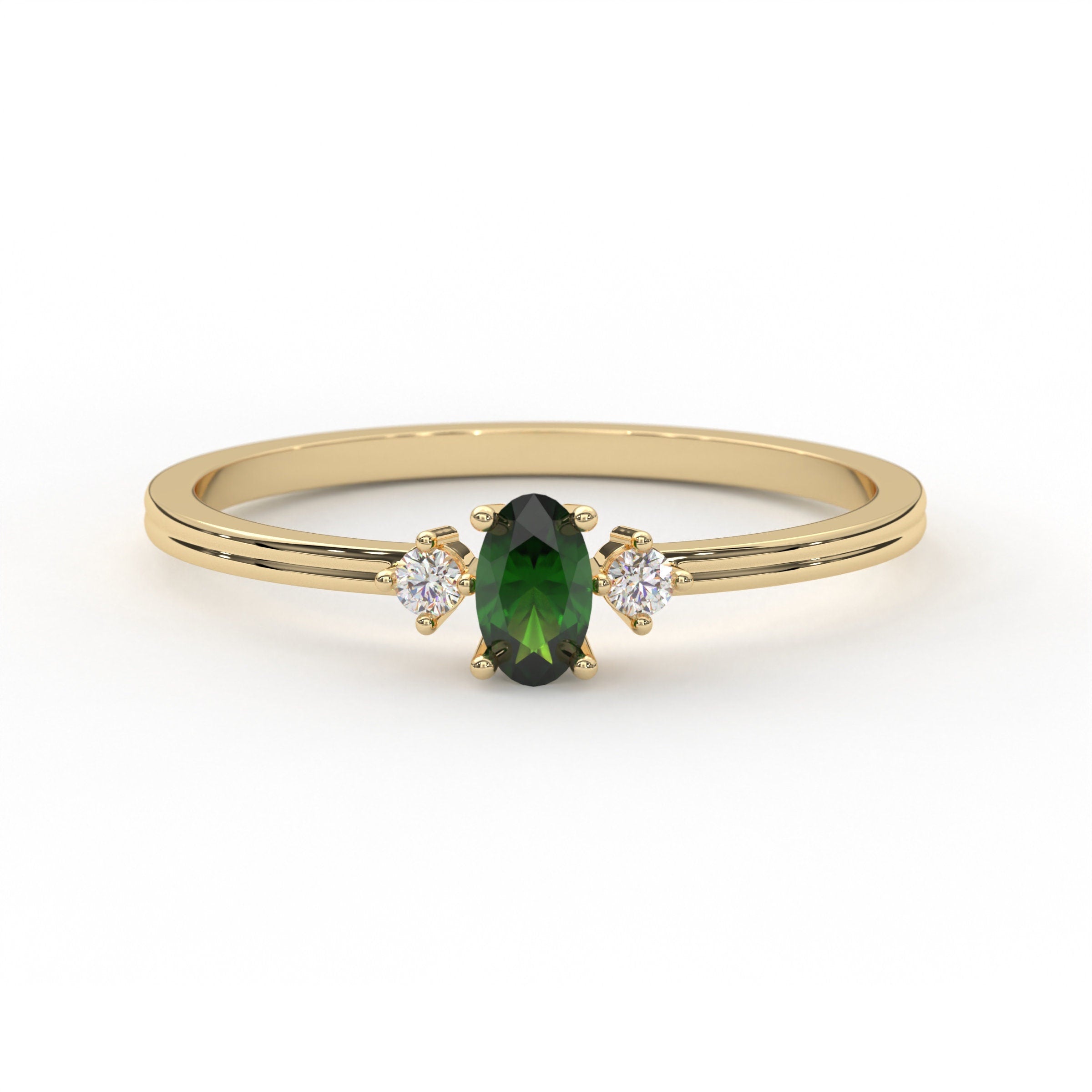 Solid Gold Emerald Ring Dainty Three Stone Stacking