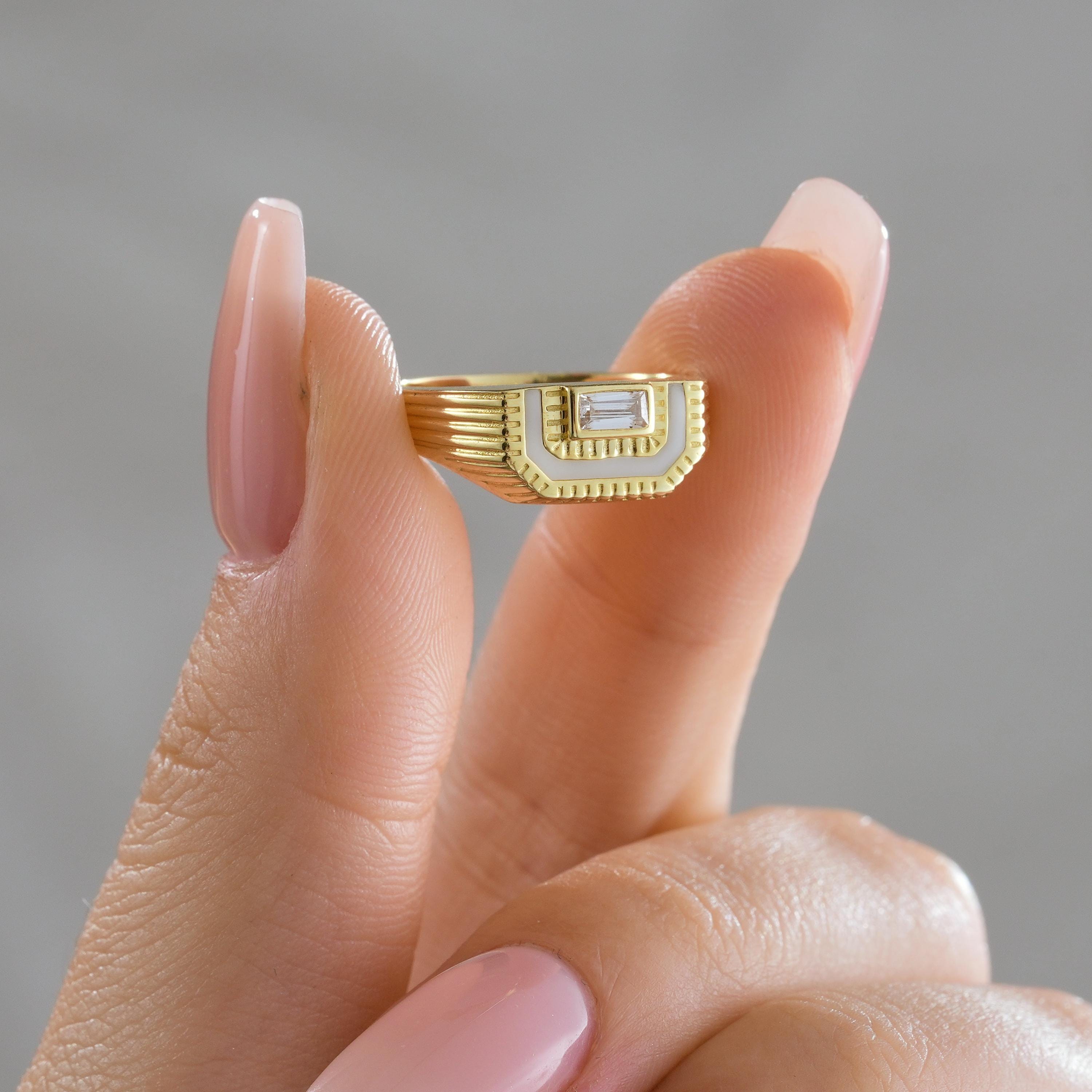 Art Deco White Enamel Baguette Cut Bezel Set Band