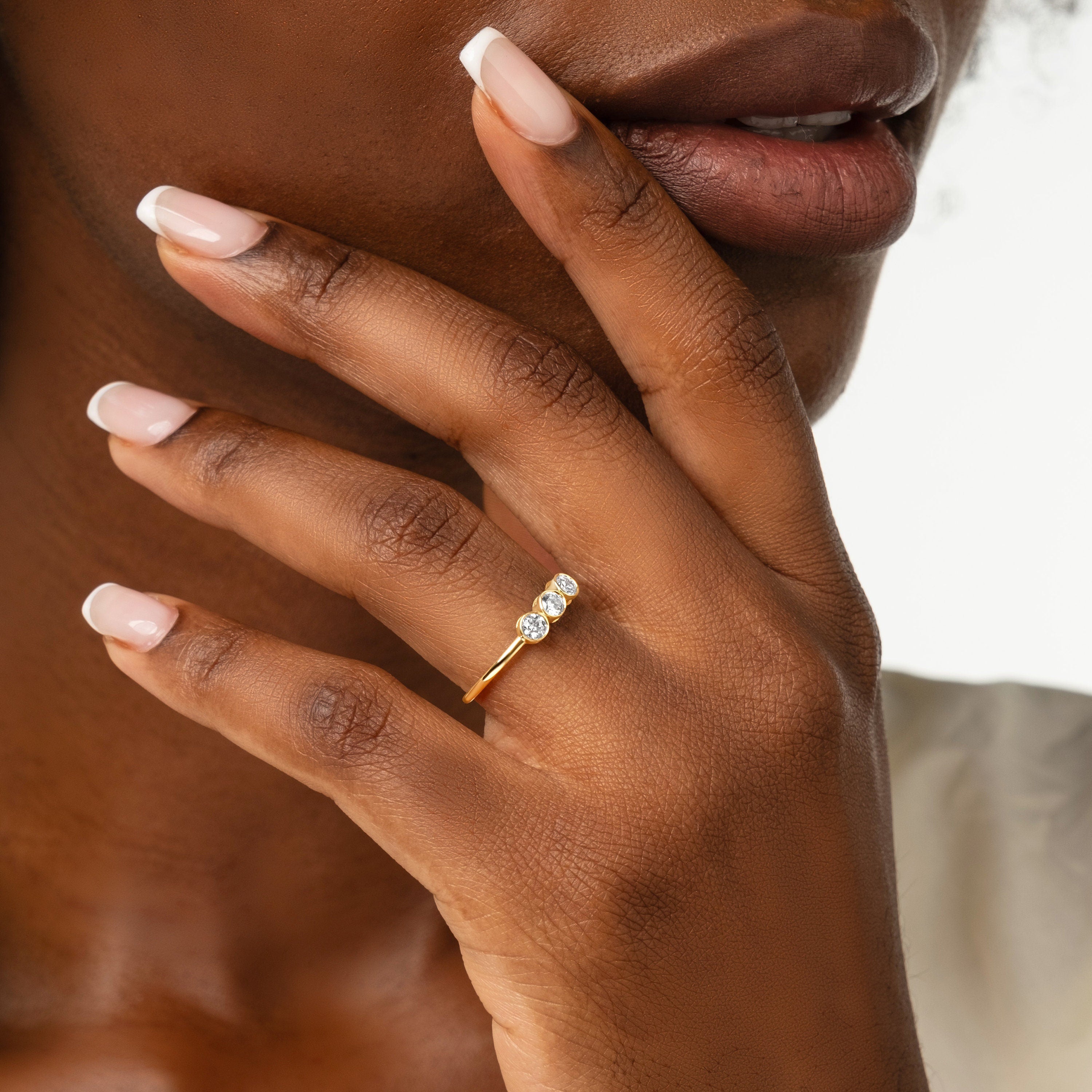 Solid Gold Bezel Set Three Stone Engagement Ring