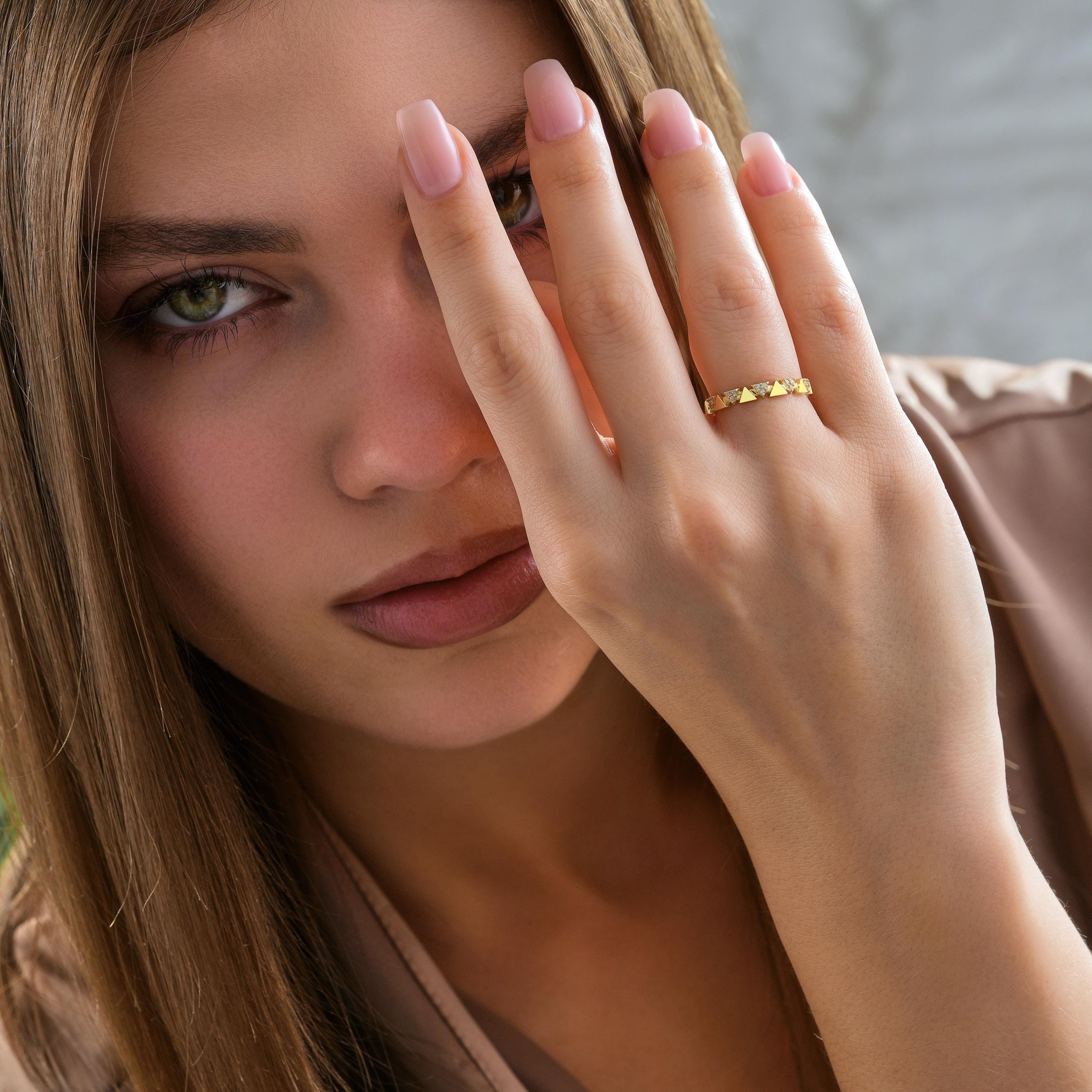 14K gold triangle accent ring with micro pave CZ diamonds