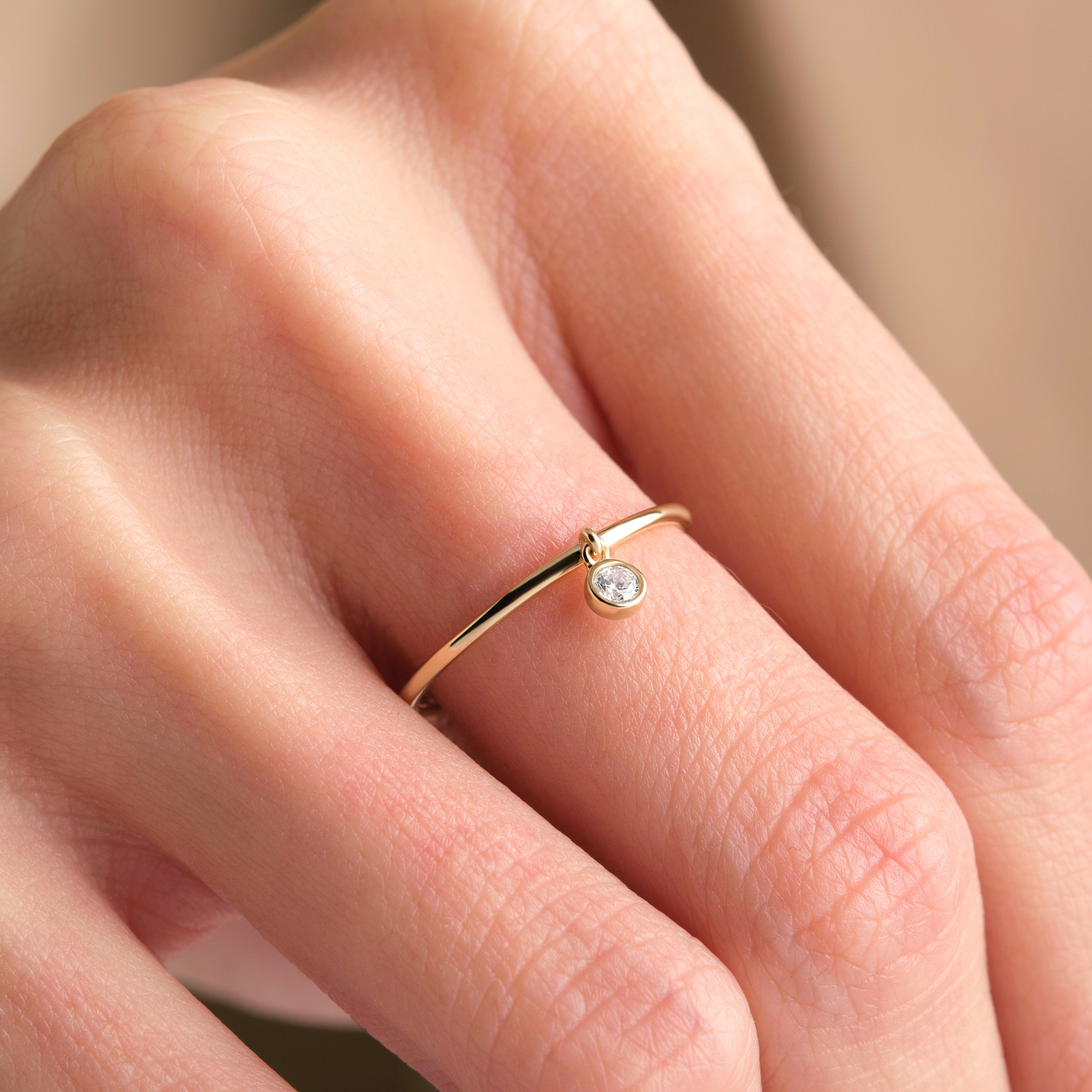 Solitaire Diamond Ring Minimalist Gold Band Dangle Style