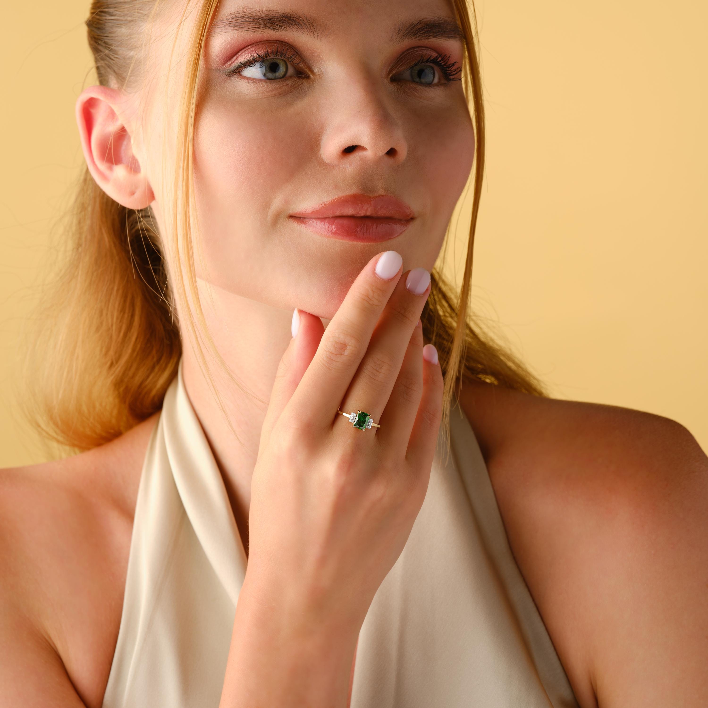Three Stone Solid Gold Emerald Engagement Ring