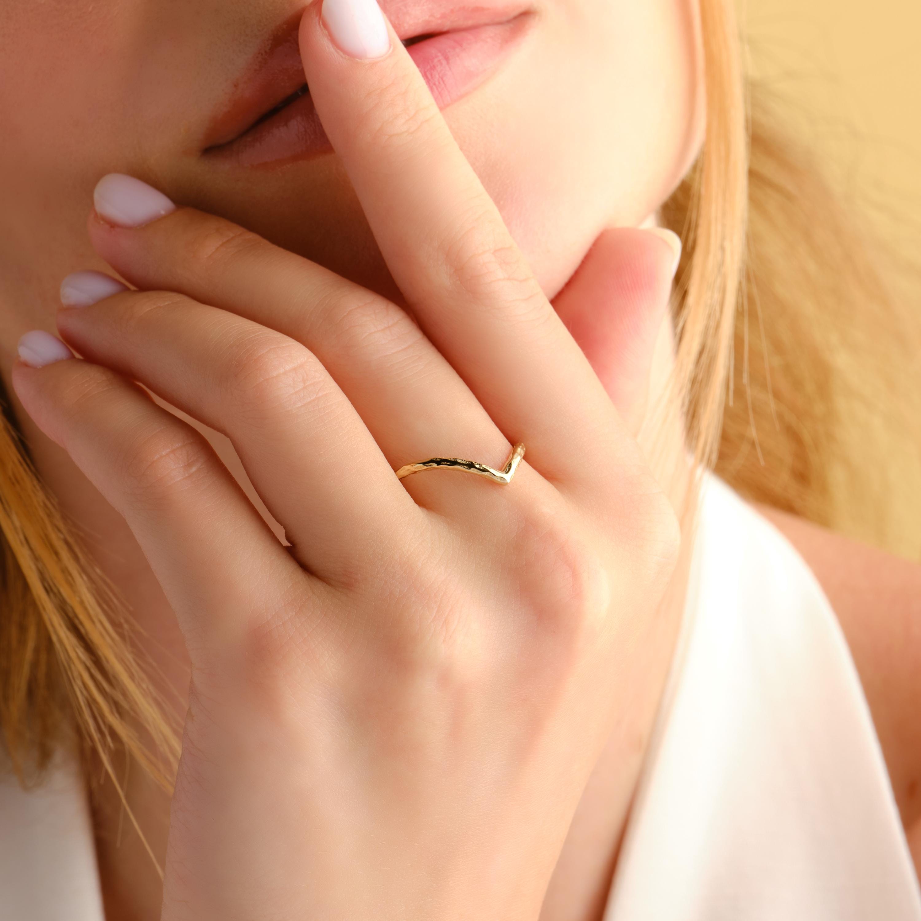 Solid Gold Chevron Hammered Ring