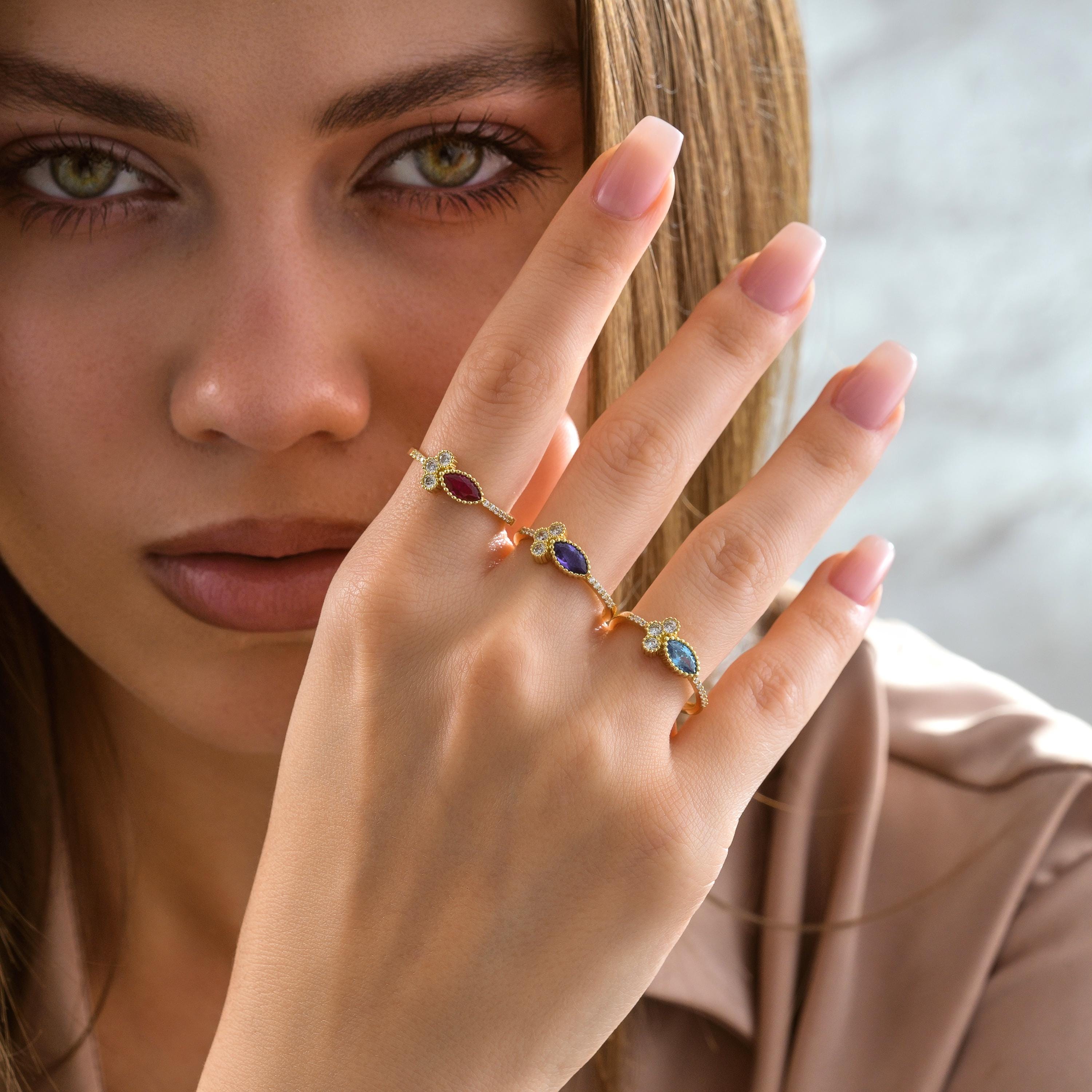 Marquise Sapphire Ring Solid Gold Bezel Setting Milgrain Edge