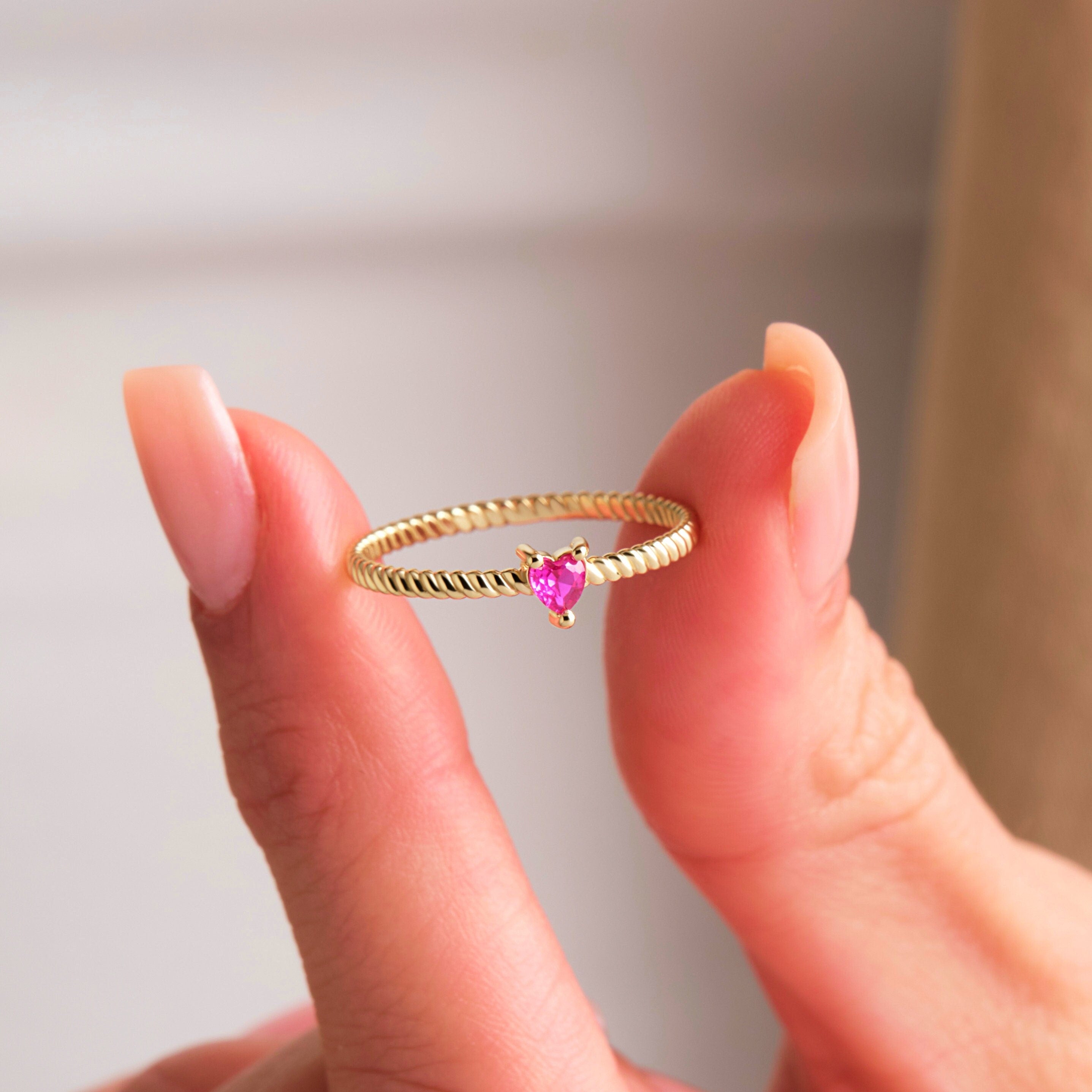 Solid Gold Heart Ring Twisted Ruby Birthstone