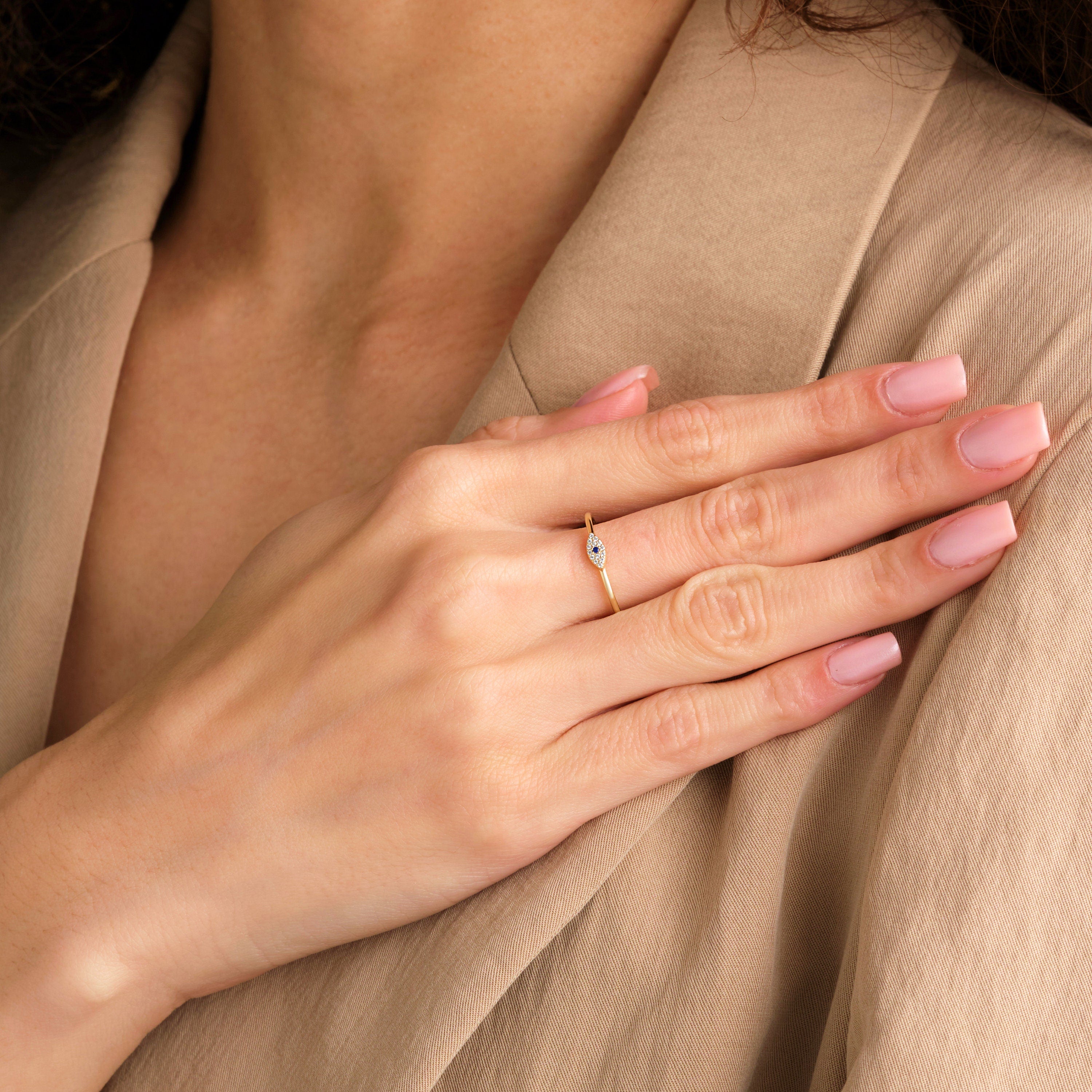 Blue Sapphire Evil Eye Ring Stackable Gold