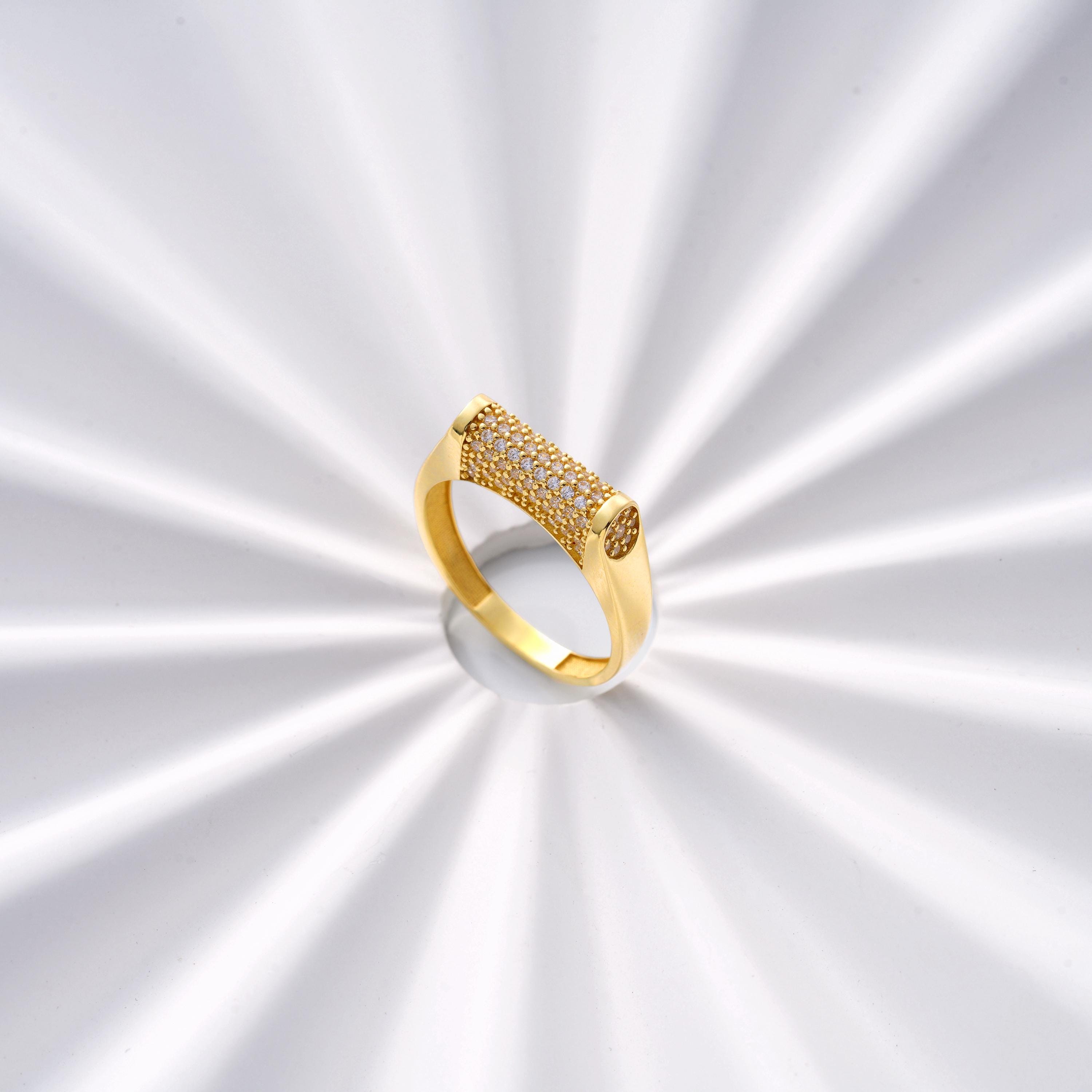 Solid gold cylinder bar ring with micro pave CZ diamonds