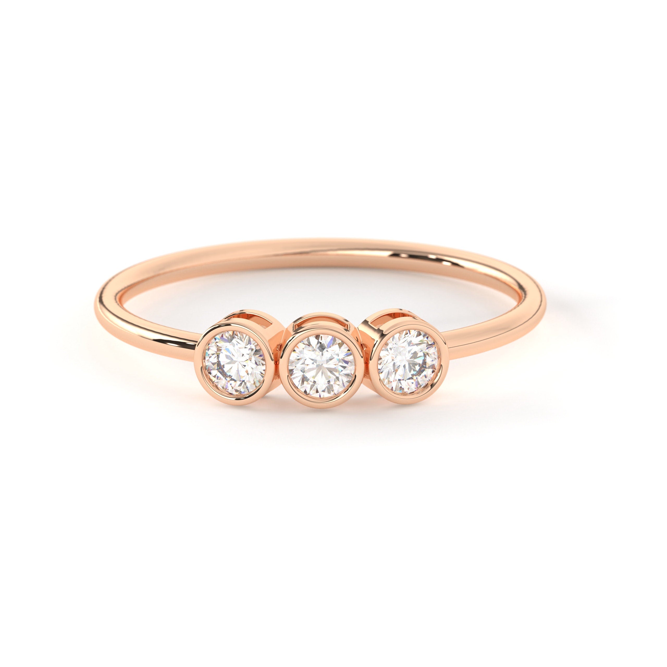 Solid Gold Bezel Set Three Stone Engagement Ring