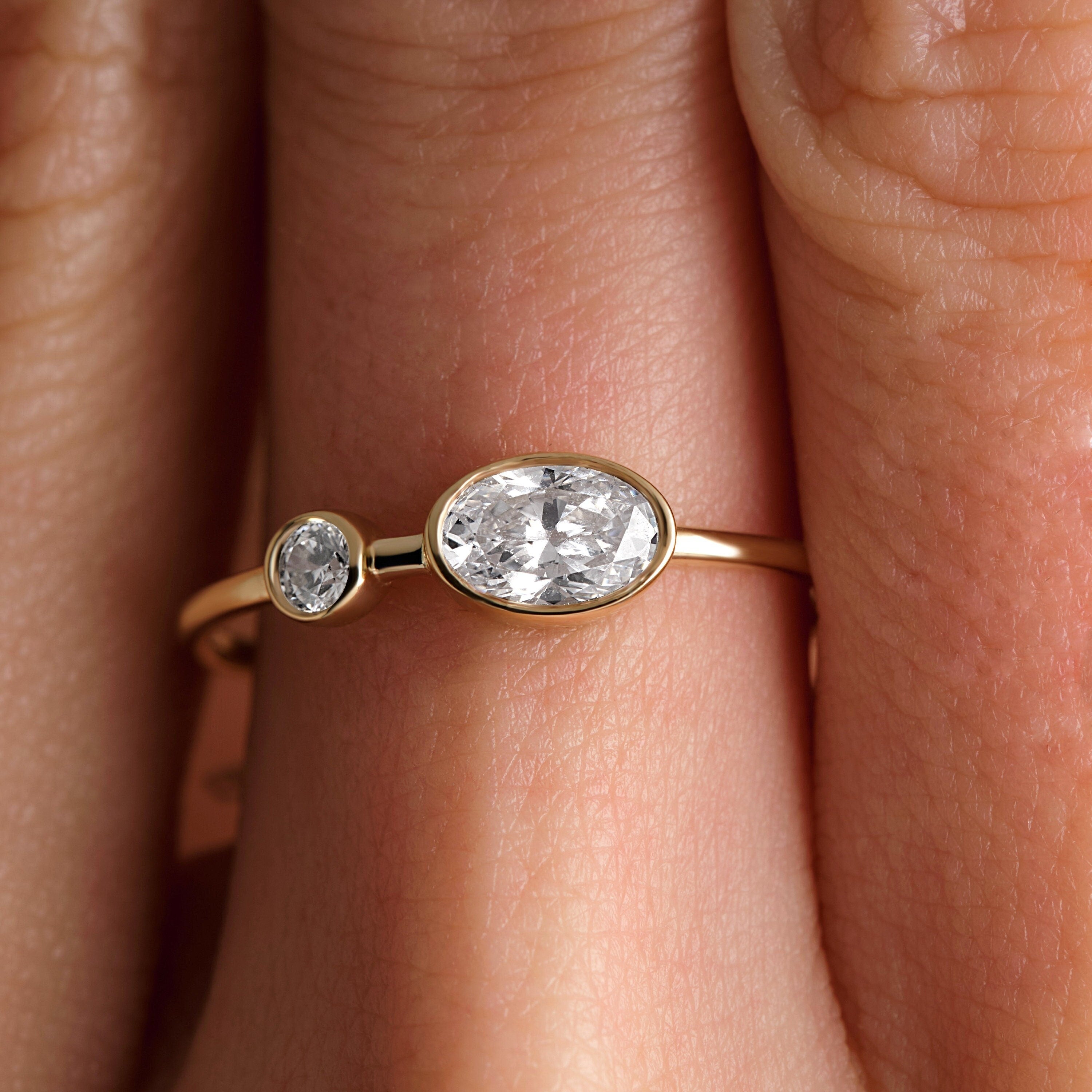 14K Gold Diamond Ring Bezel Set Oval Two Stone