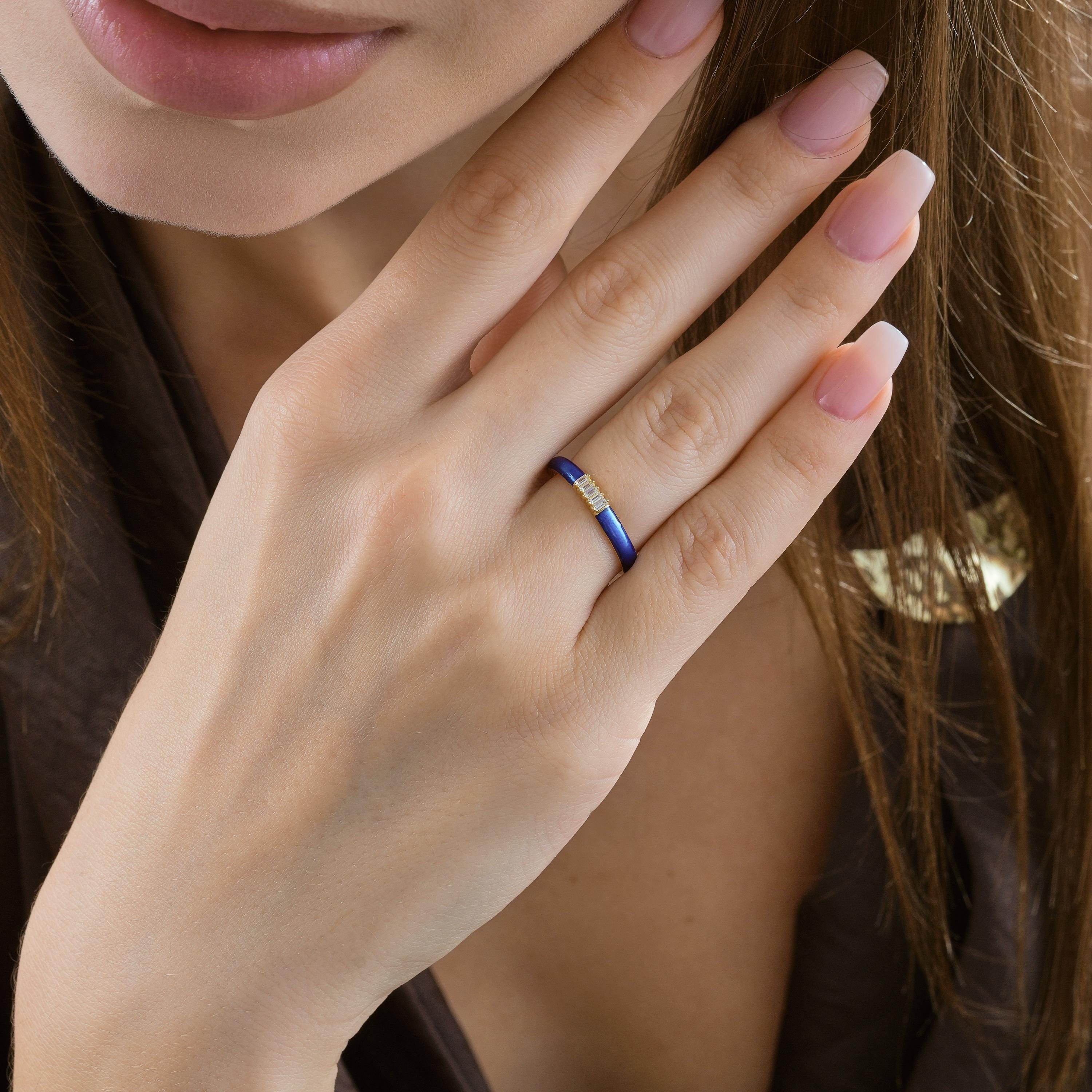 Minimalist Solid Gold Navy Enamel Band with 5 Baguette Cut CZ Diamonds