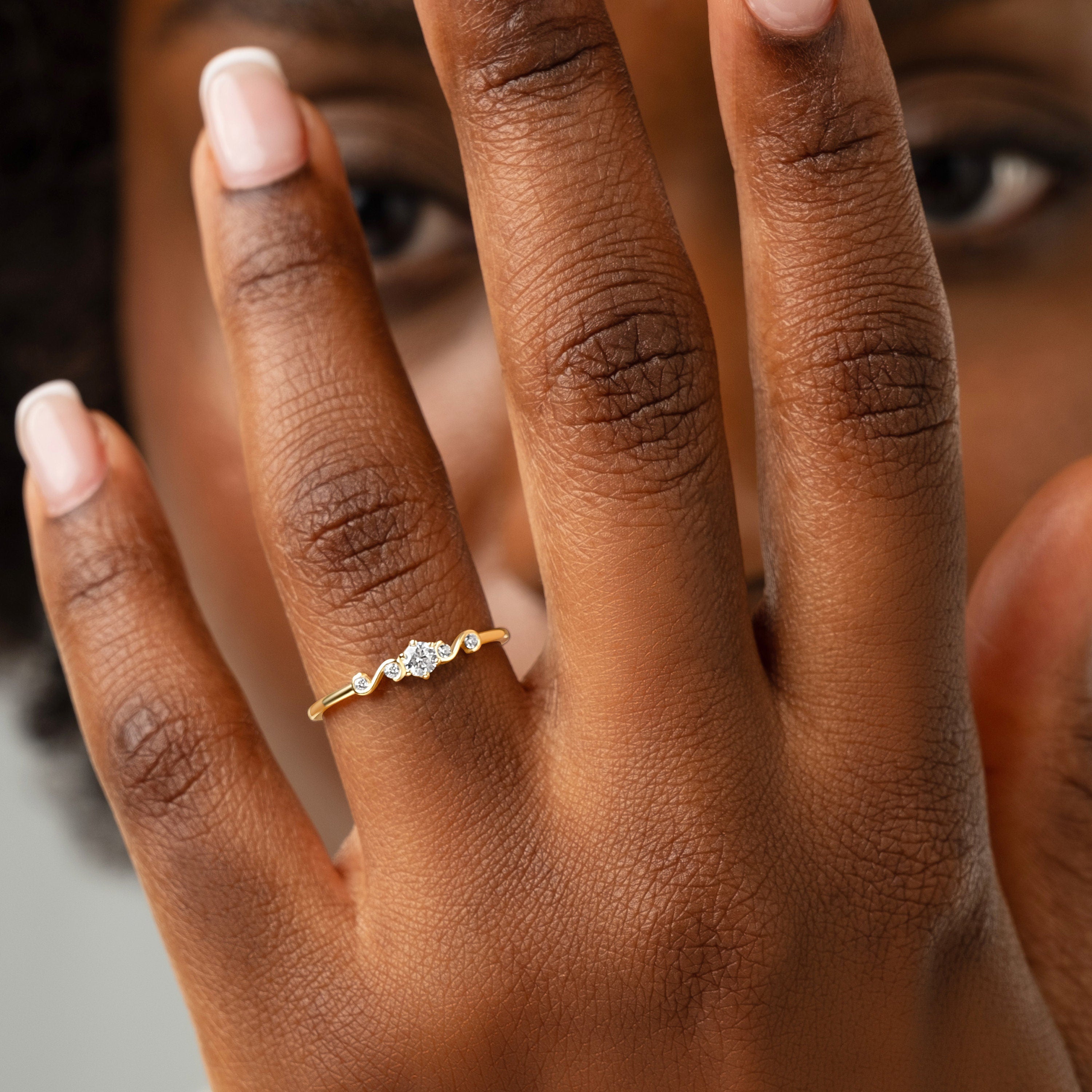 Dainty Diamond Ring Art Deco Solid Gold Multistone Bridal