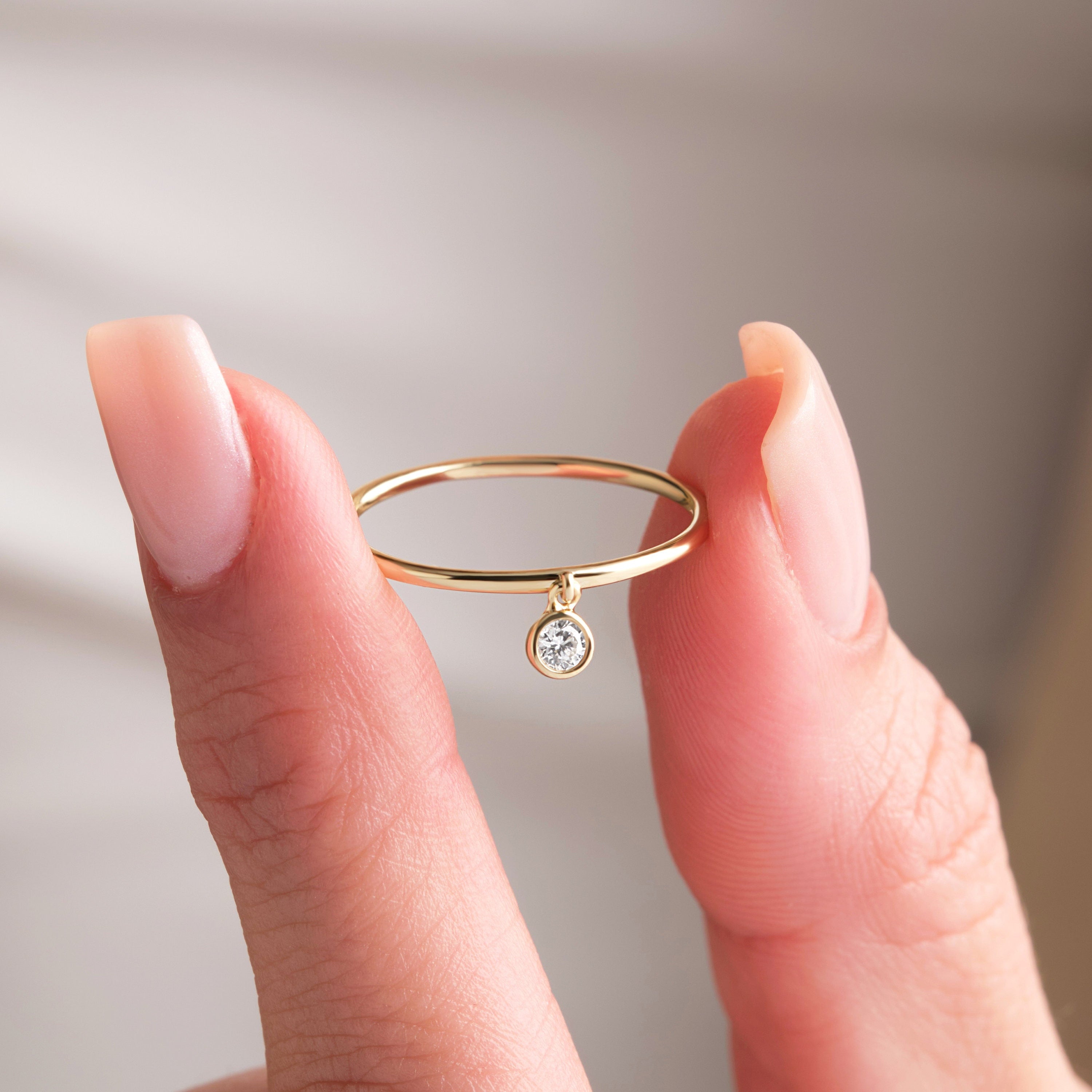 Solitaire Diamond Ring Minimalist Gold Band Dangle Style