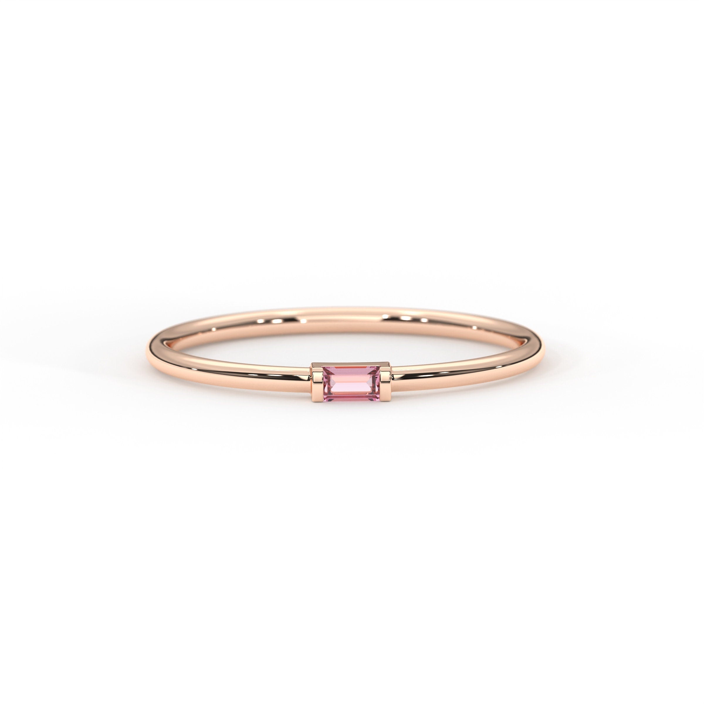 Pink Baguette Ring Personalized Birthstone Gold Band