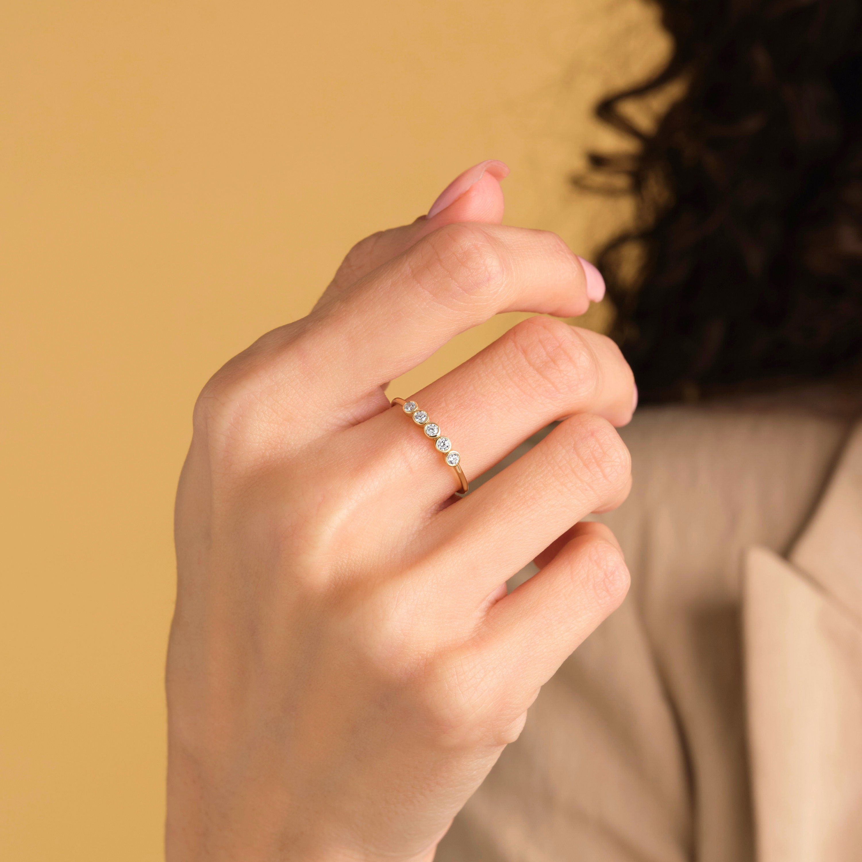 Gold Bezel Diamond Ring Solid Gold Wedding Band