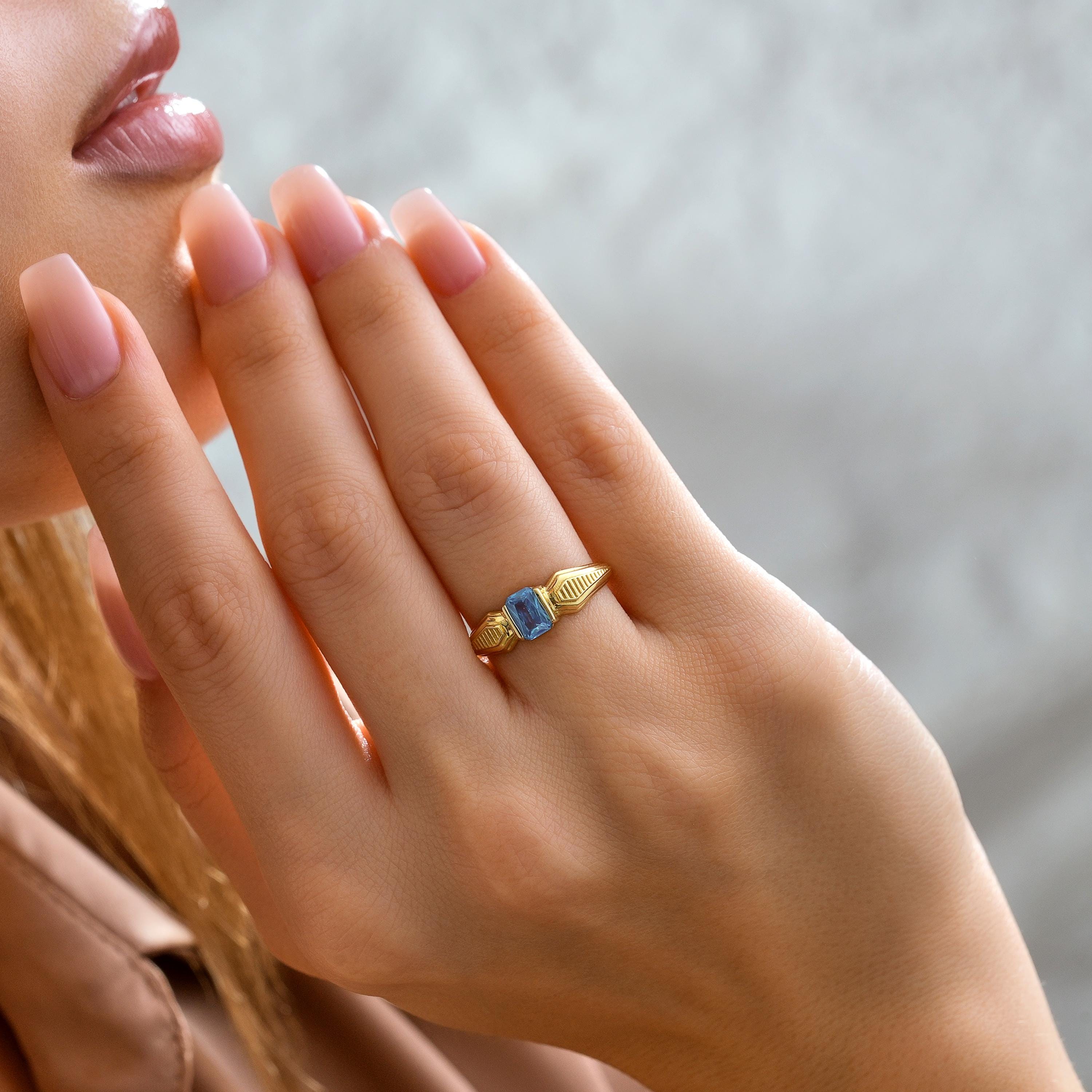blue topaz stone solid gold emerald cut ring woman