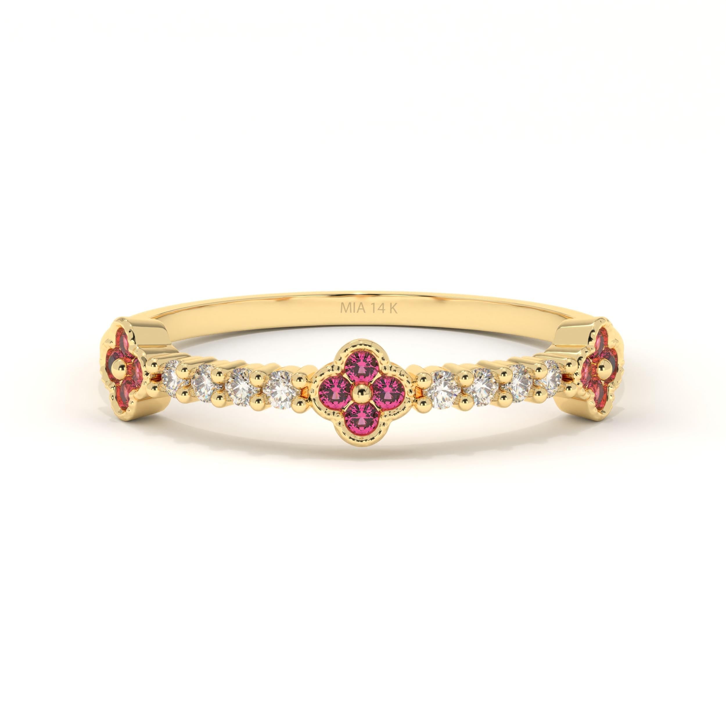 Ruby Clover Ring Solid Gold Floral Band