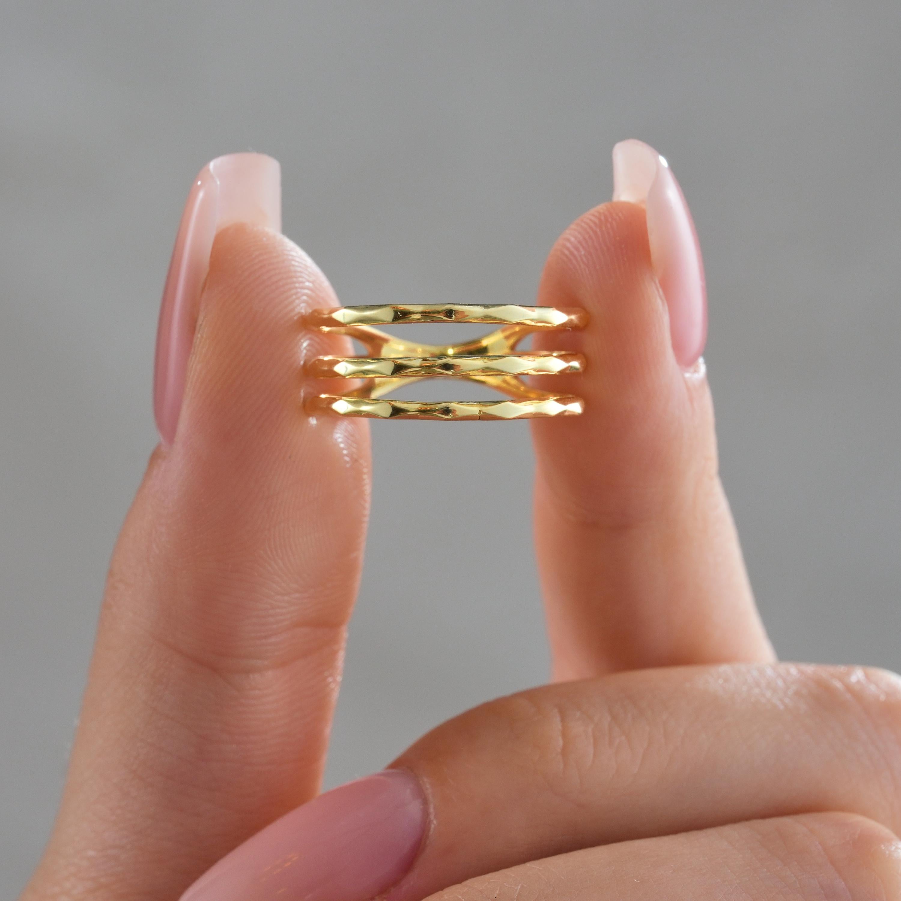 Solid Gold Triple Band Hammered Ring