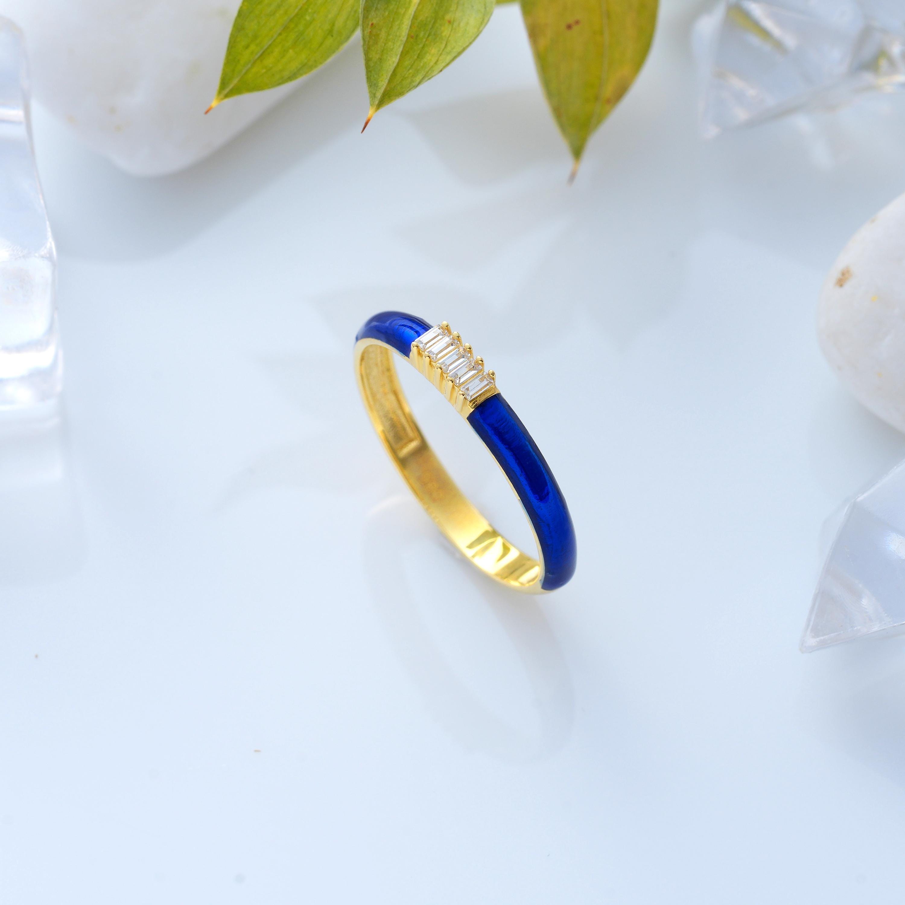 navy blue enamel solid gold baguette diamond ring