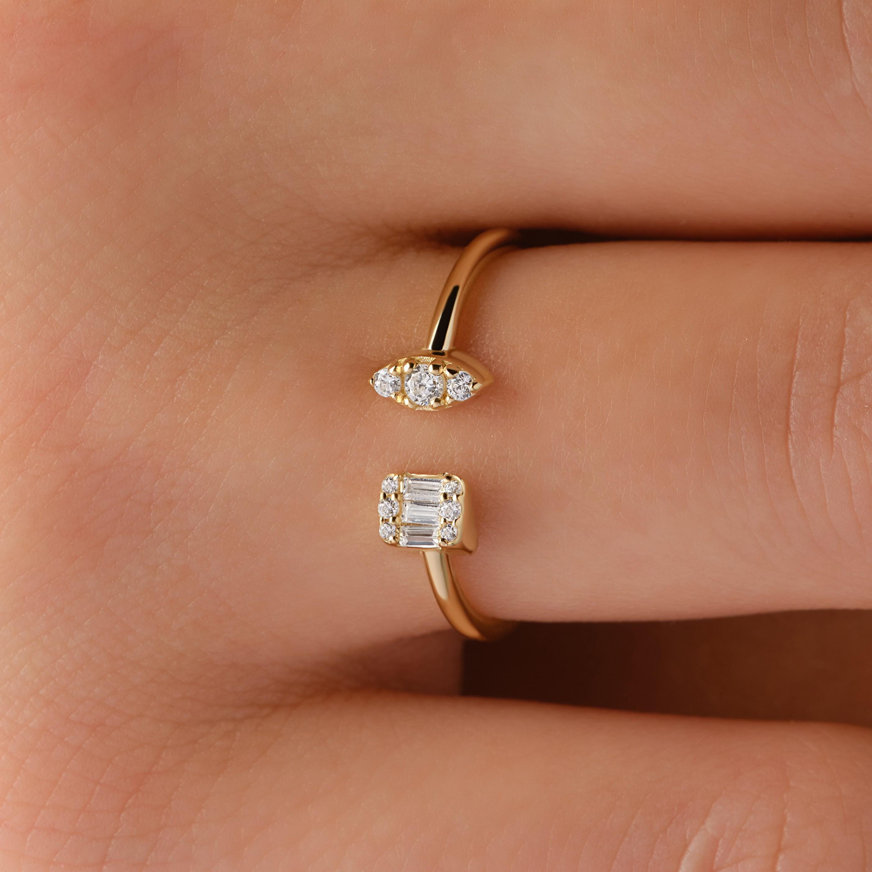 Open Cuff Gold Ring Solid Gold Band Diamond Cluster