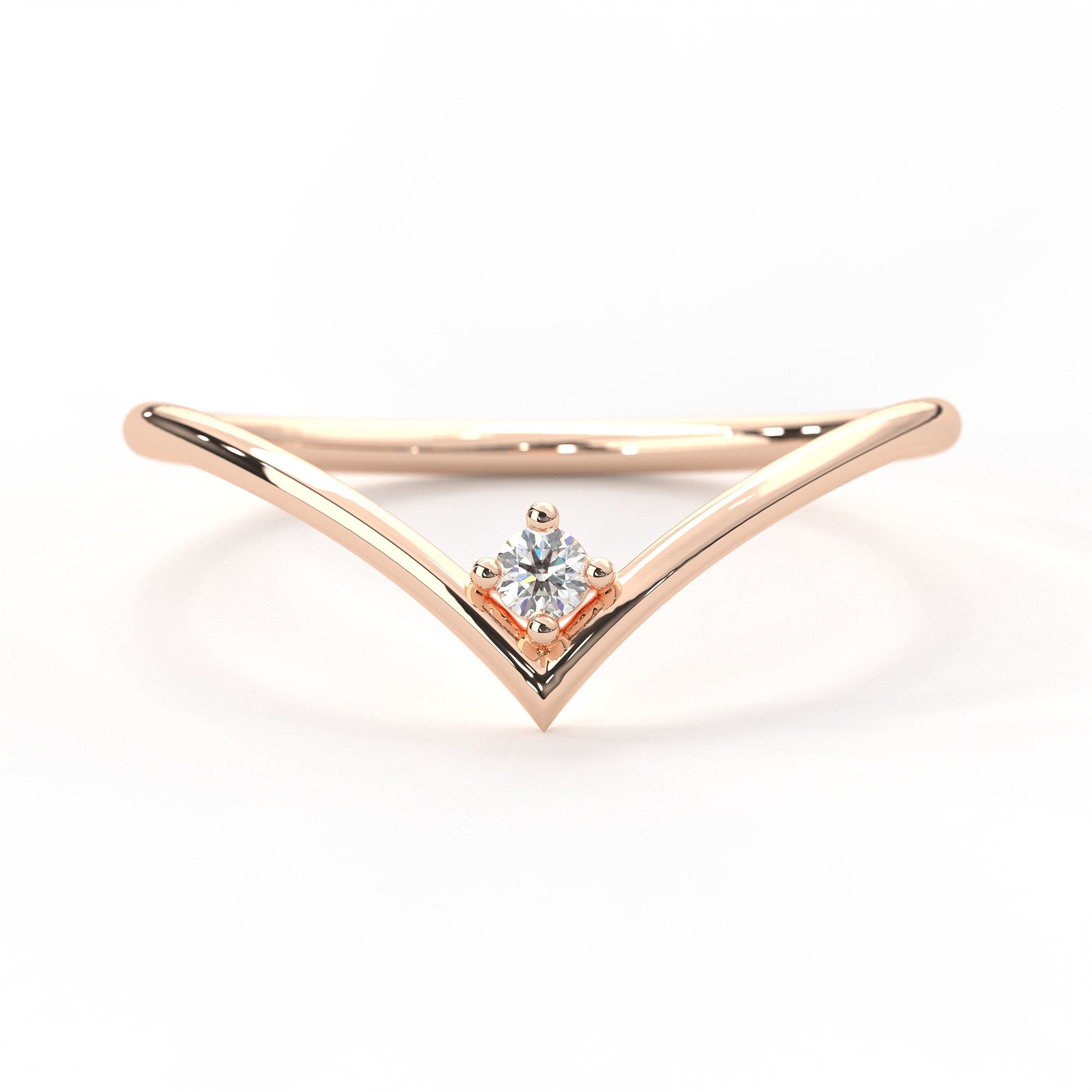 Rose Gold V Ring Dainty Diamond Chevron Band