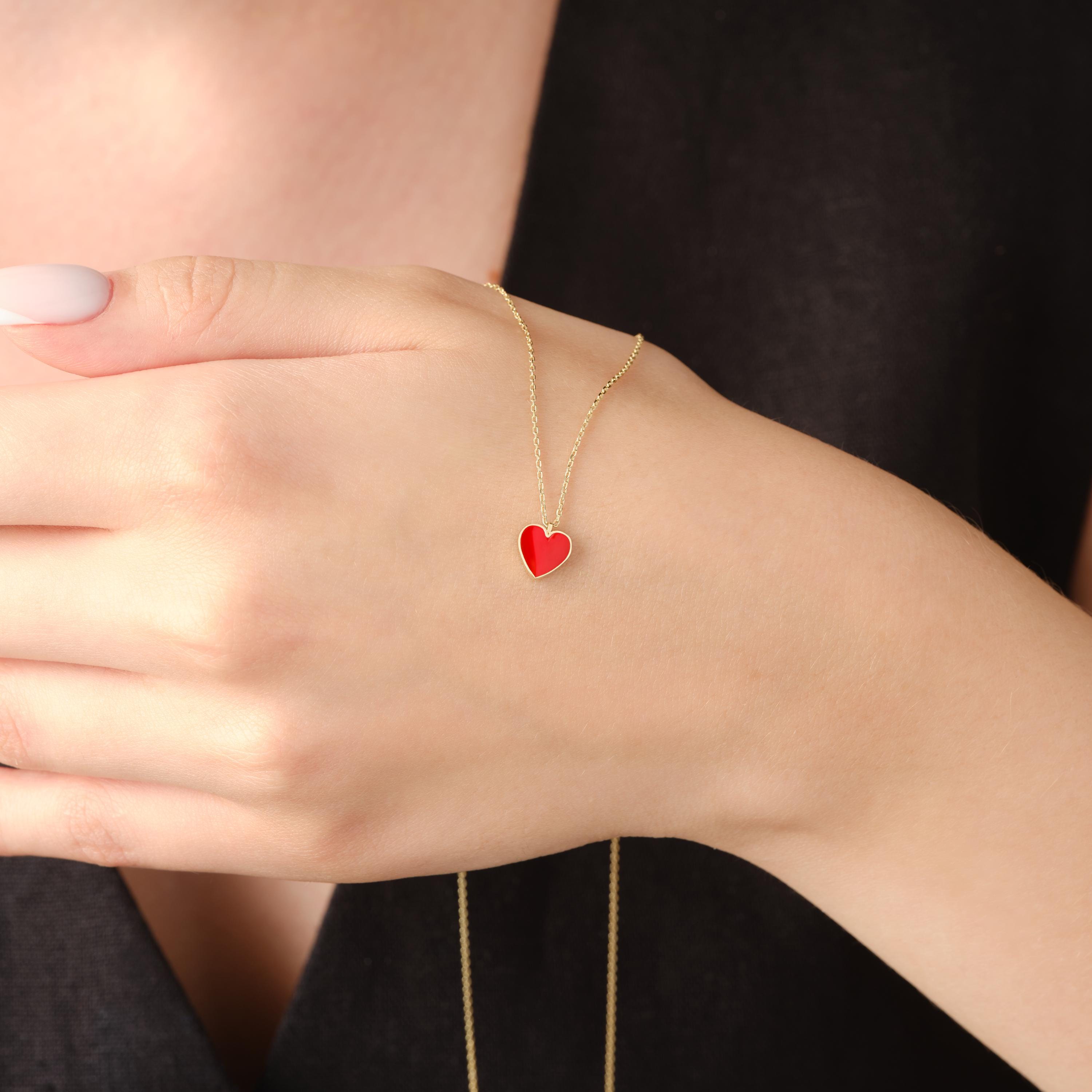 Gold Heart Pendant Red Enamel Necklace Valentines Gift