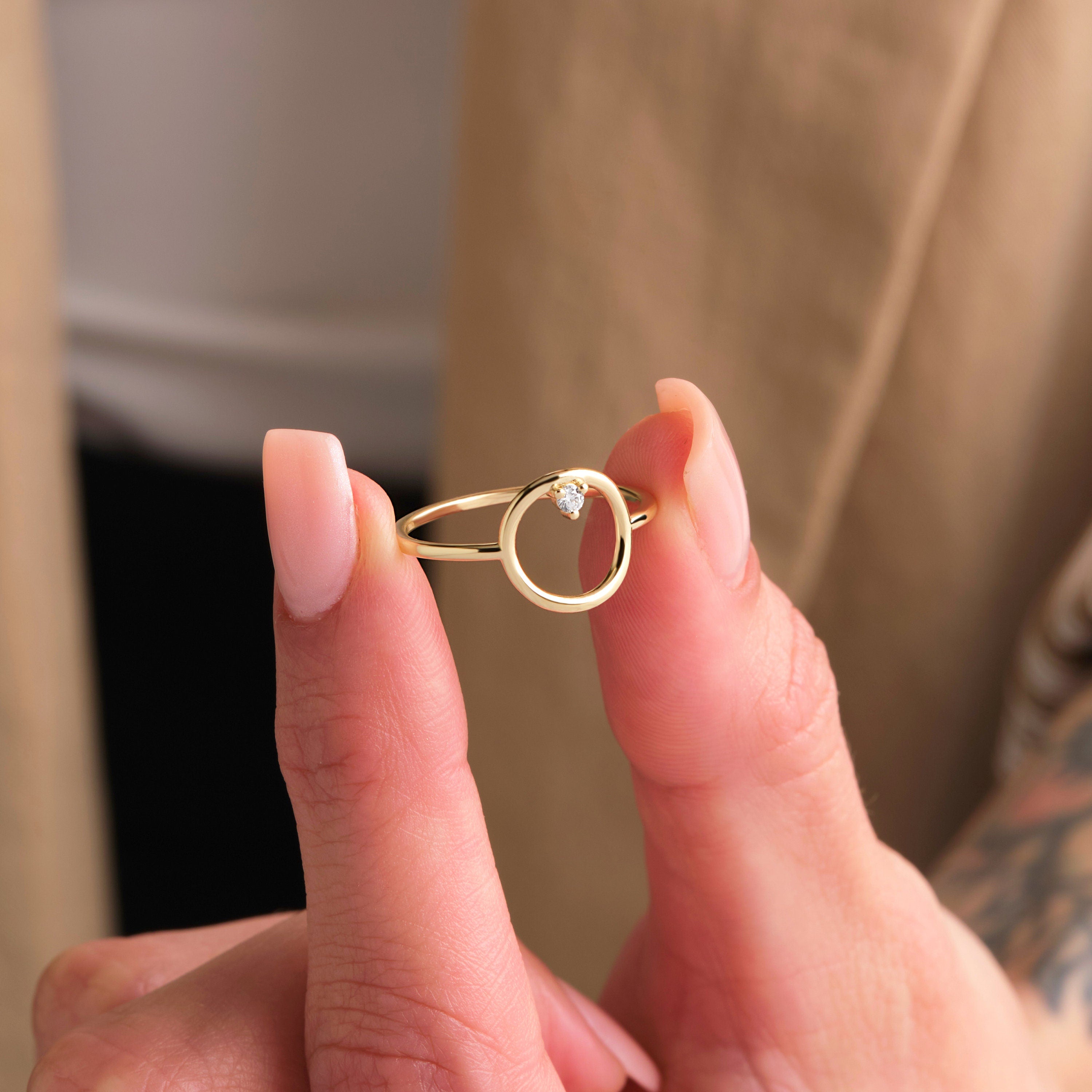 14k Gold Open Circle Ring Solid Gold Solitaire CZ Diamond