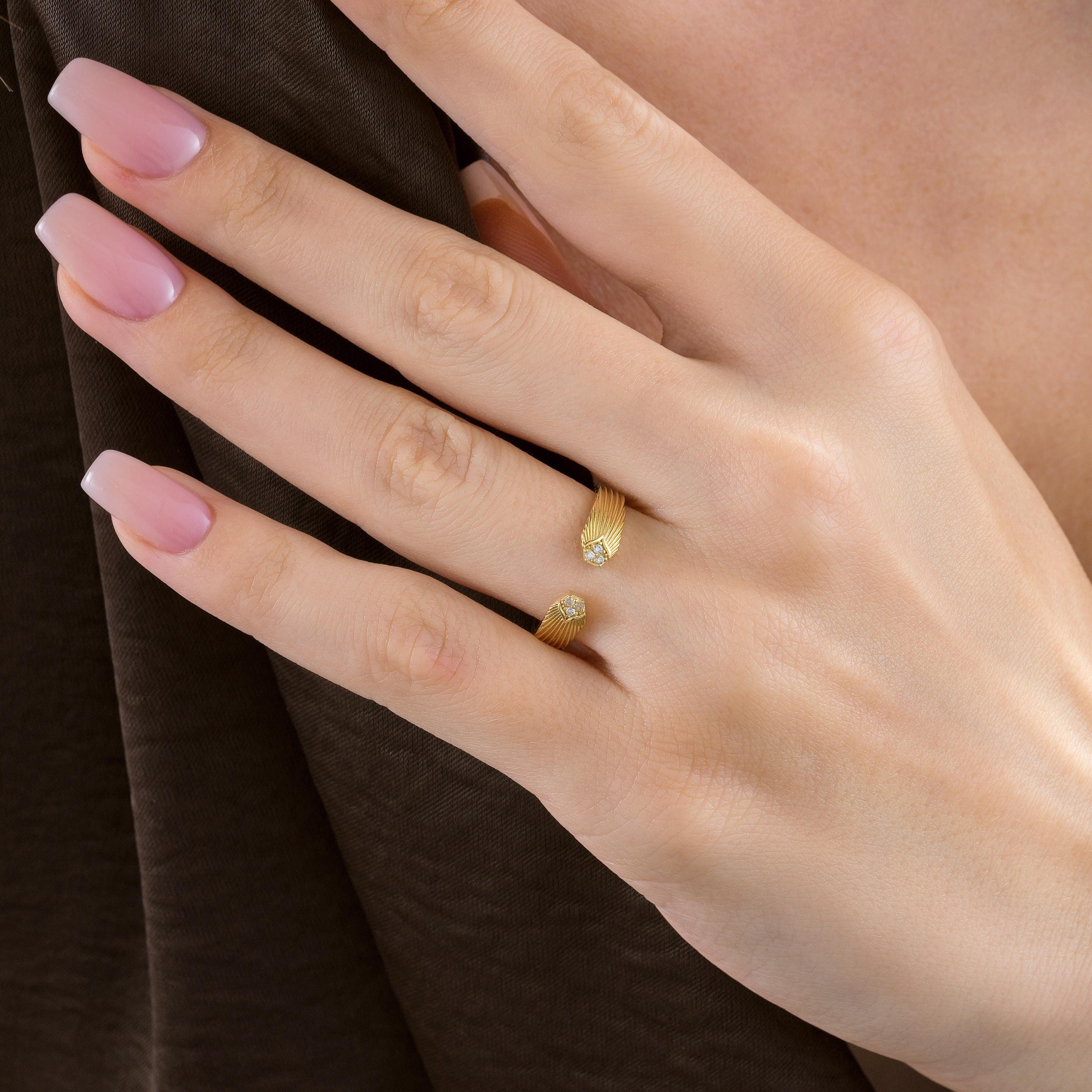 Gold Open Diamond Ring Textured Band CZ Cluster