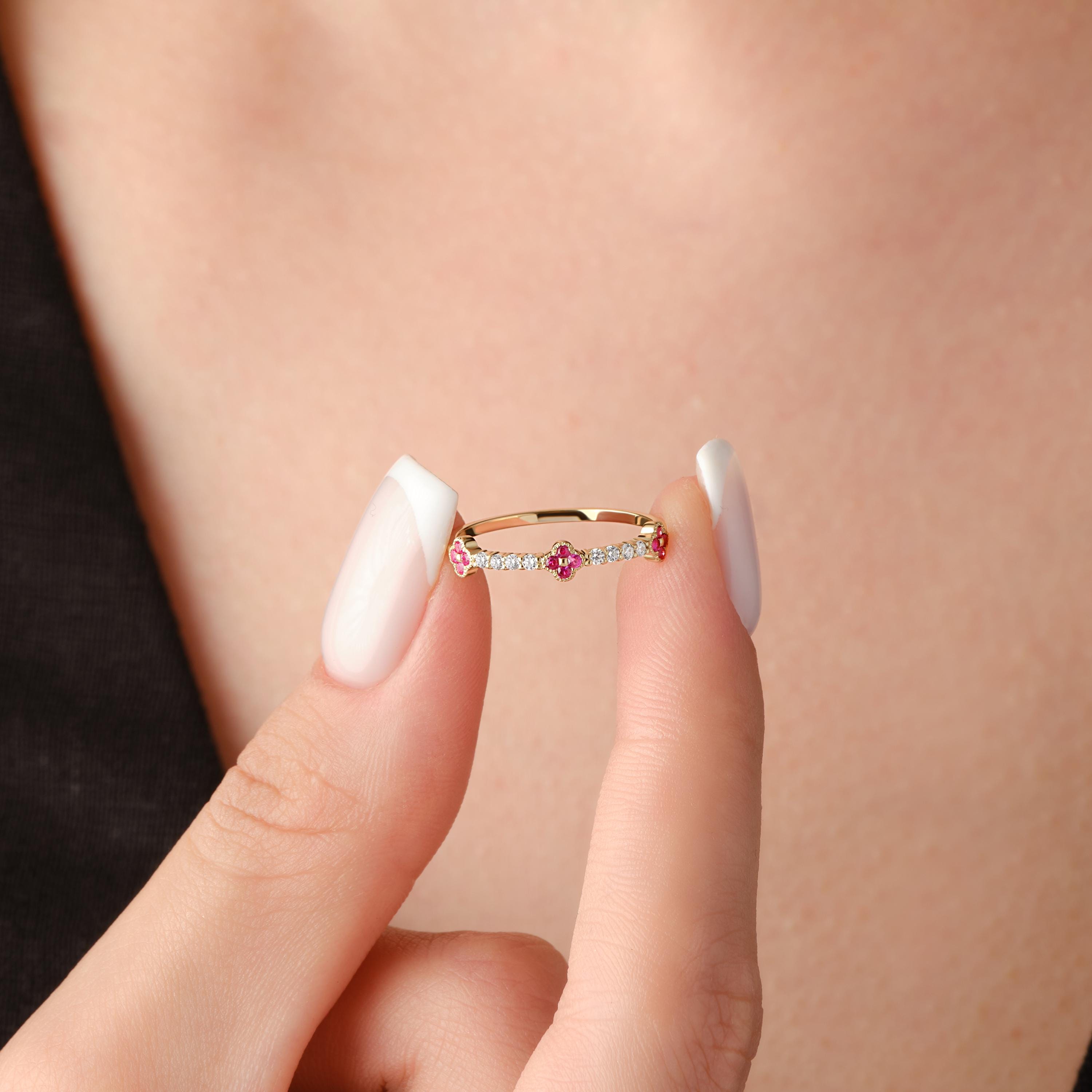 Ruby Clover Ring Solid Gold Floral Band