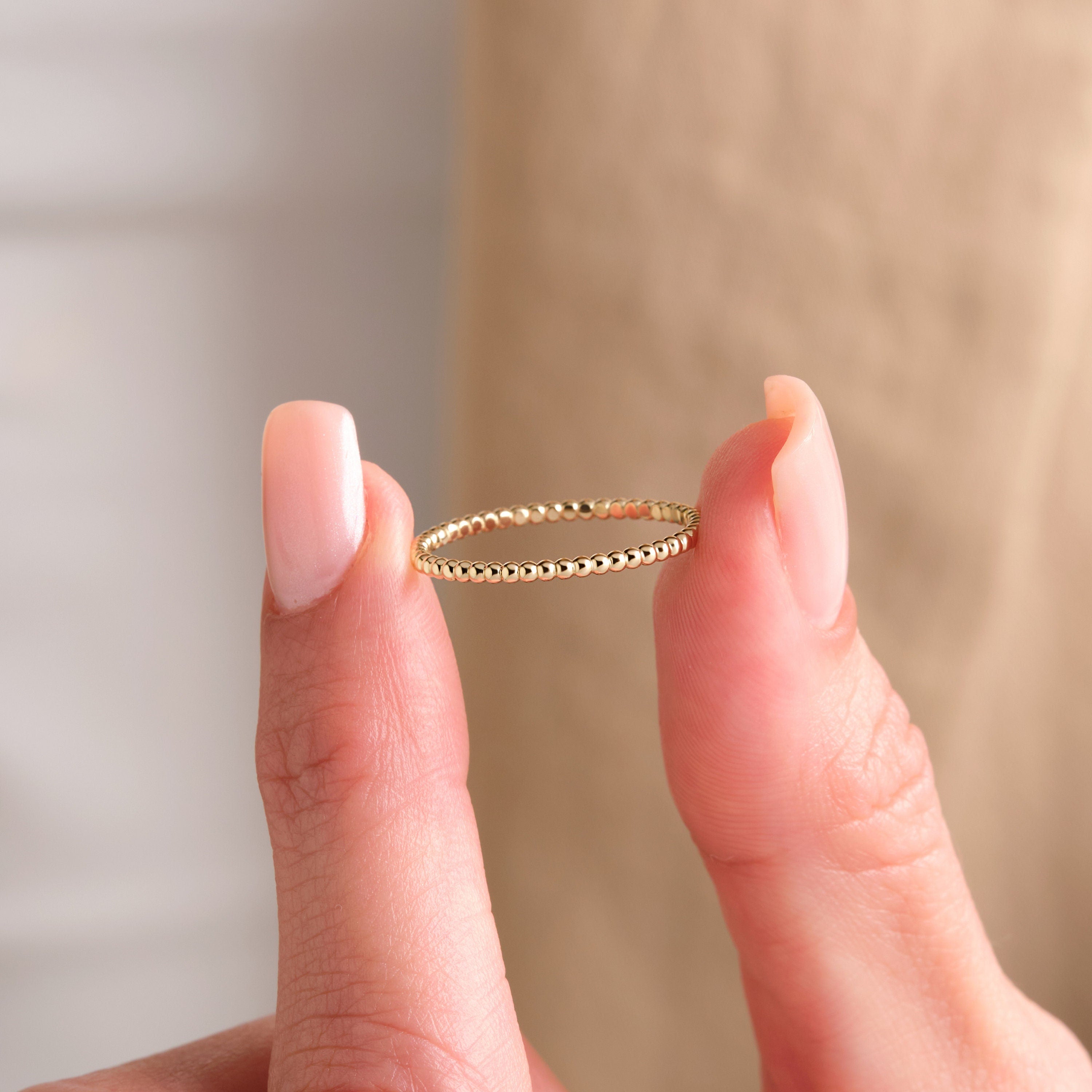 14k Gold Beaded Ring Minimalist Wedding Band