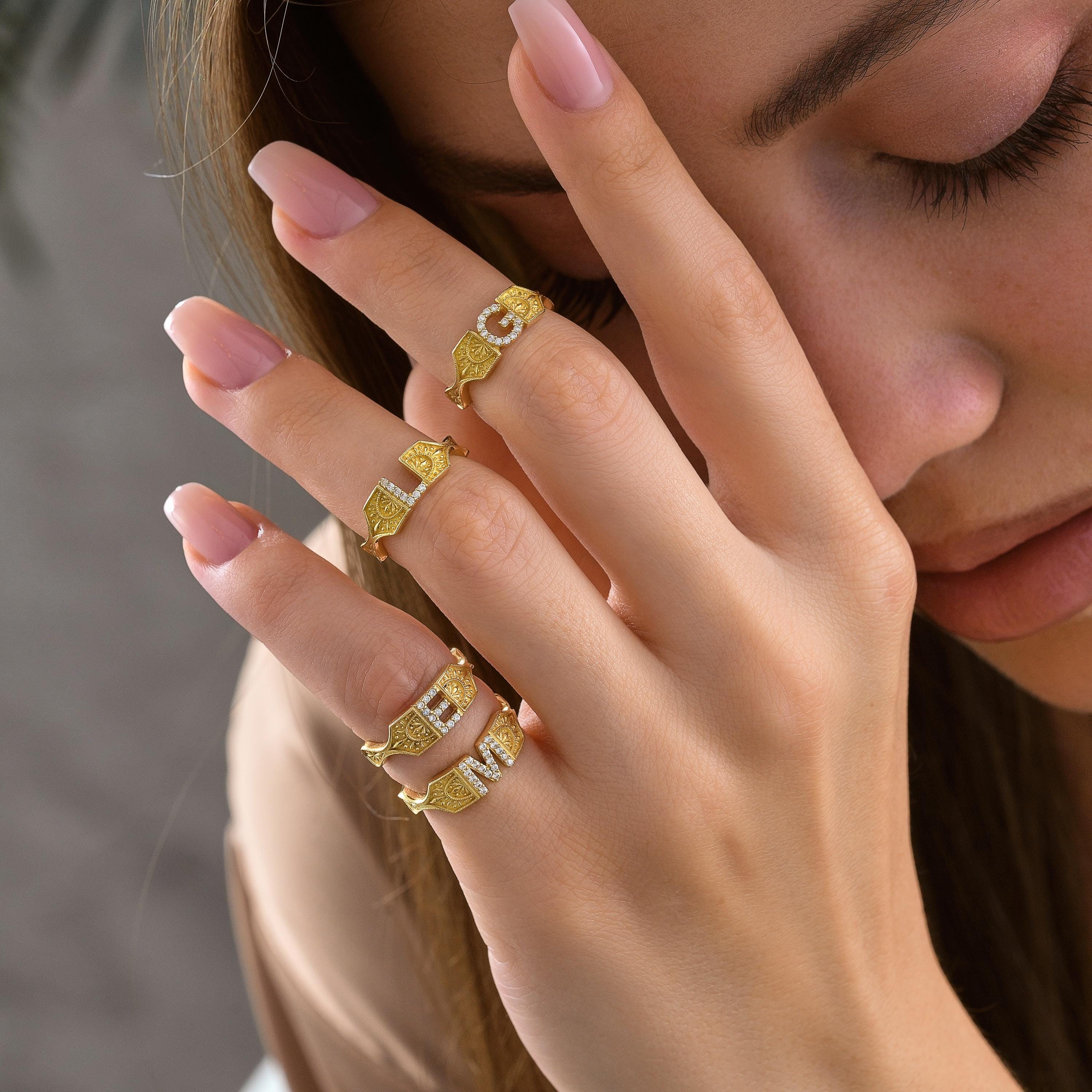 solid gold custom initial rings with micro pave CZ Diamond letters